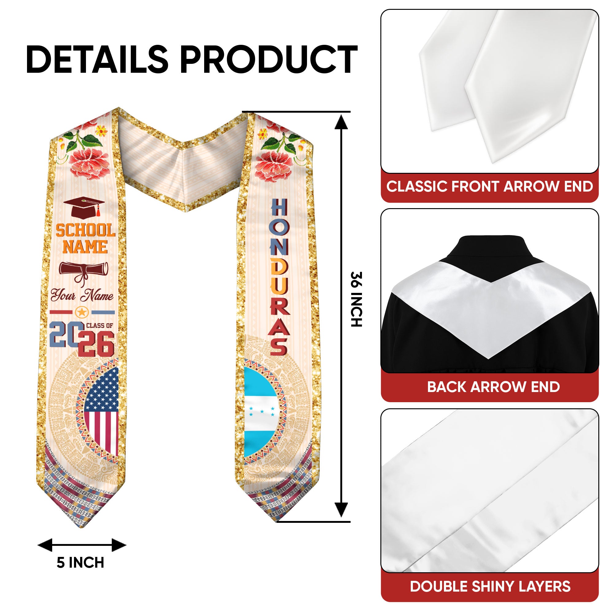 Honduran Flag Graduation Sash 2026, Honduras Stole, Custom Detail Option for Grads