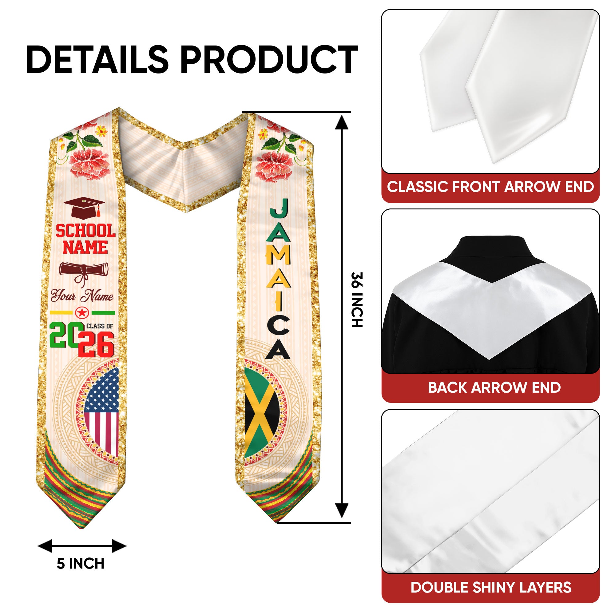 Jamaican Flag Graduation Sash 2026, Jamaica Stole, Custom Detail Option for Graduates