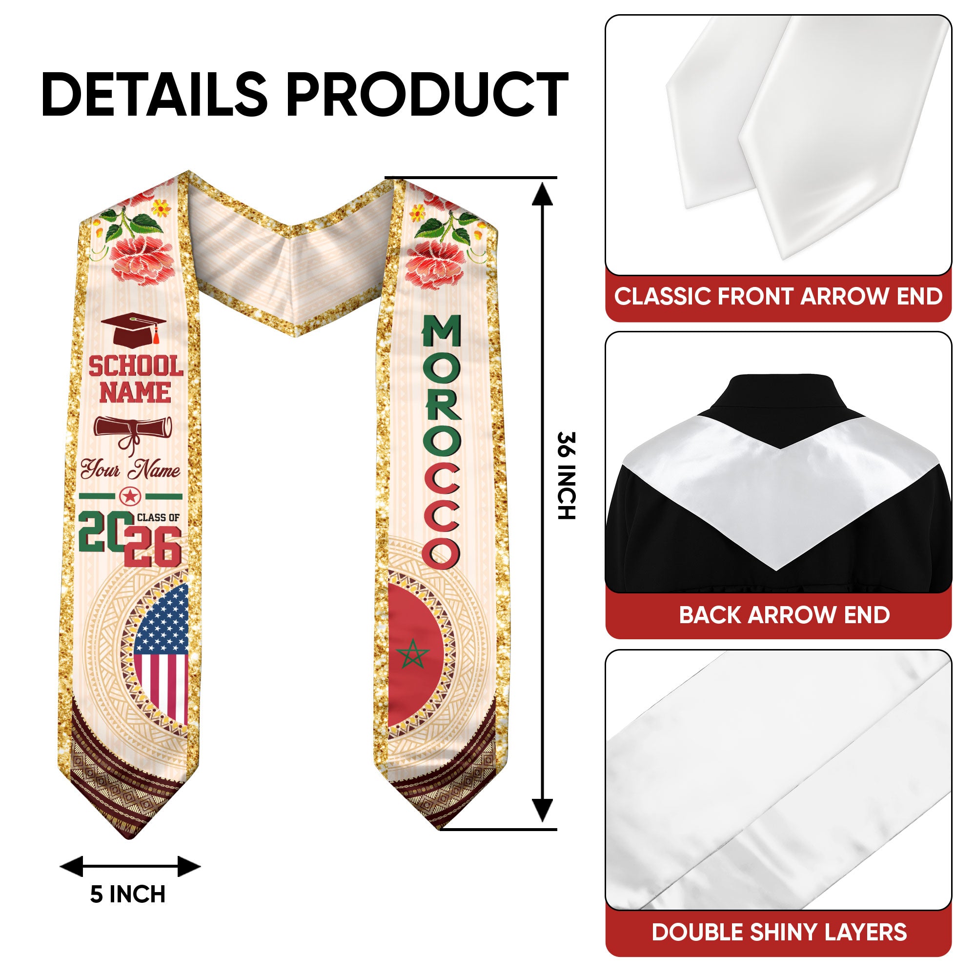 Moroccan Flag Graduation Sash 2026, Morocco Stole, Custom Detail Option for Graduates