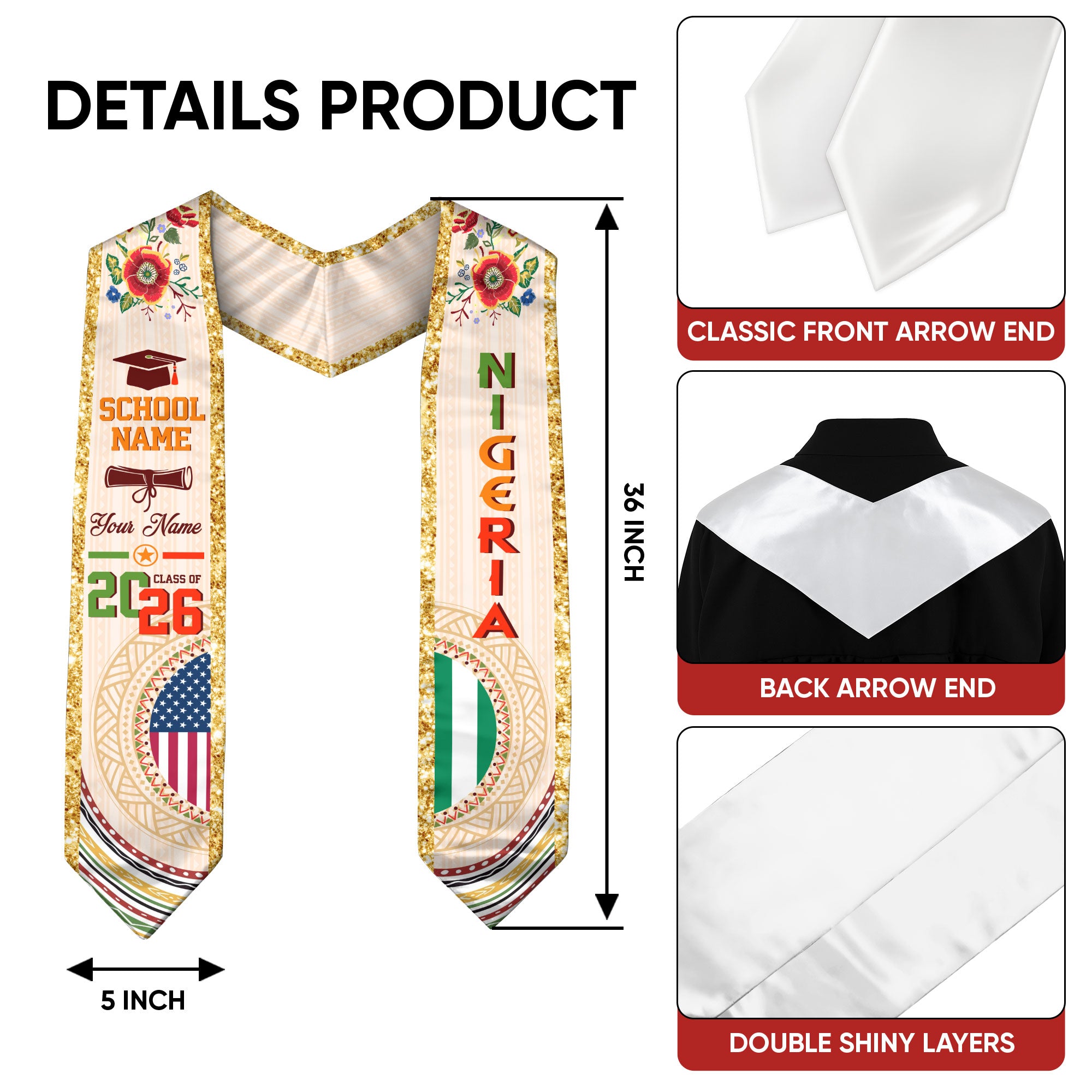 Nigerian Flag Graduation Sash 2026, Nigeria Stole, Custom Detail Option for Graduates
