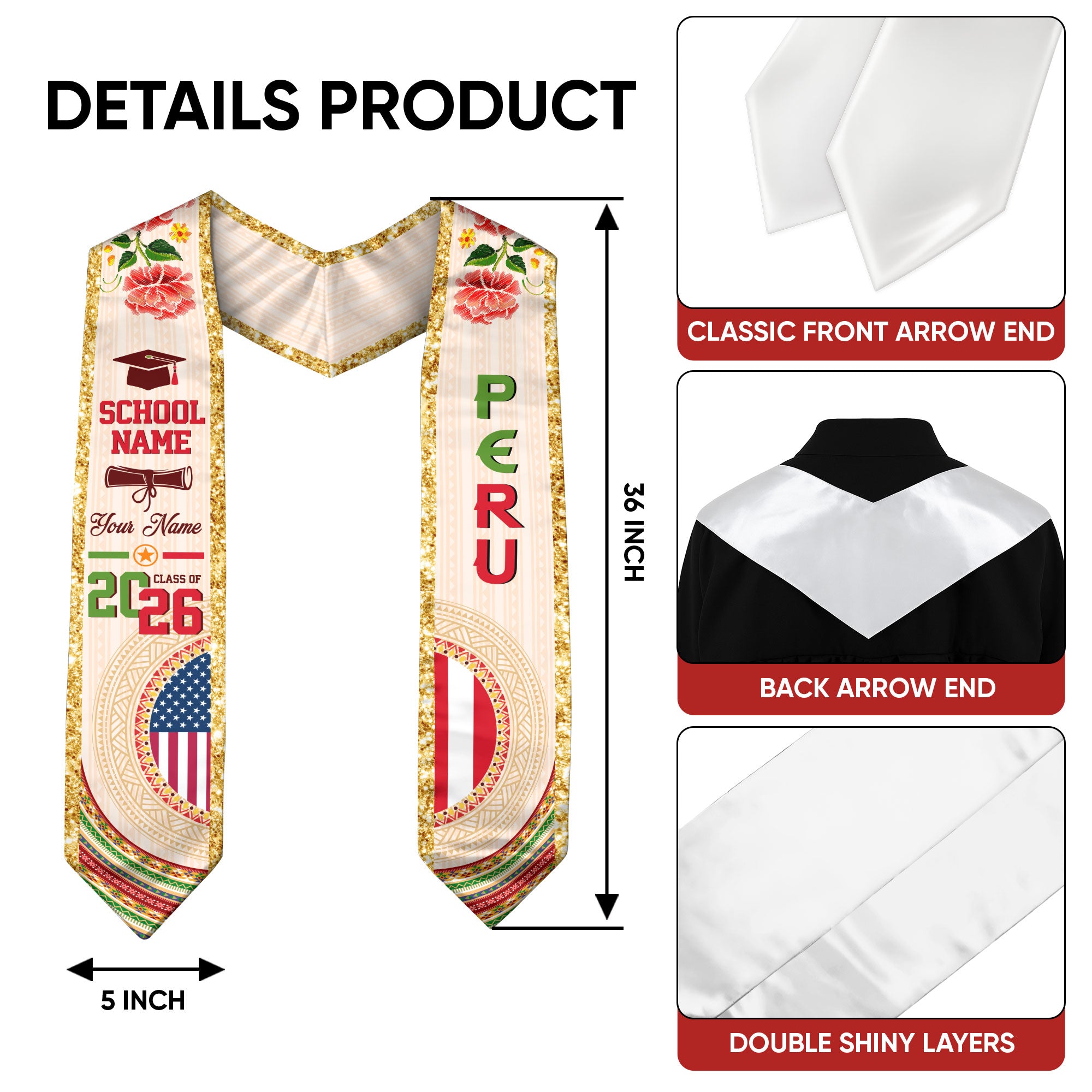 Peruvian Flag Graduation Sash 2026, Peru Stole, Custom Detail Option for Graduates