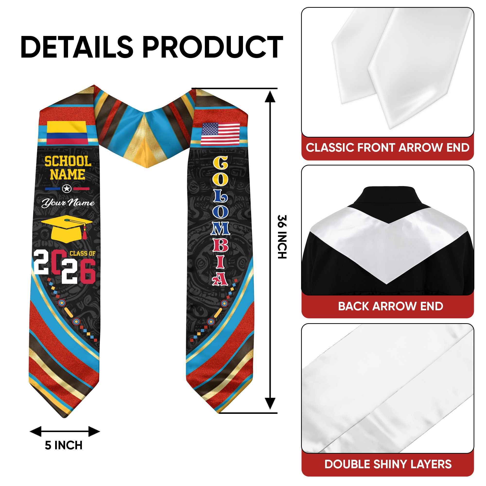 Colombia Flag Graduation Stole 2026, Colombian Grad Sash, Custom Details for Class of 2026