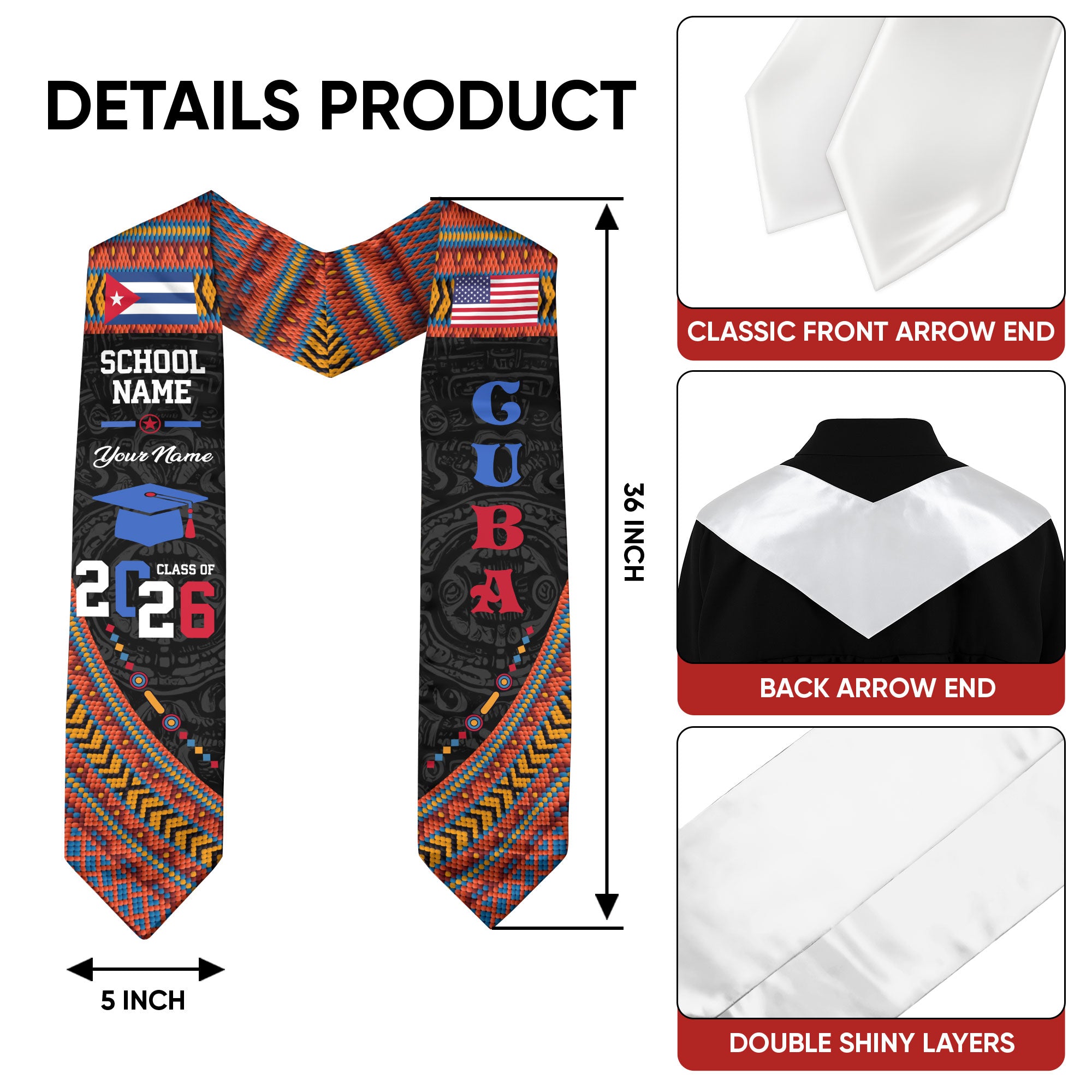 Cuba Flag Graduation Stole 2026, Cuban Grad Sash, Custom Details for Graduates 2026