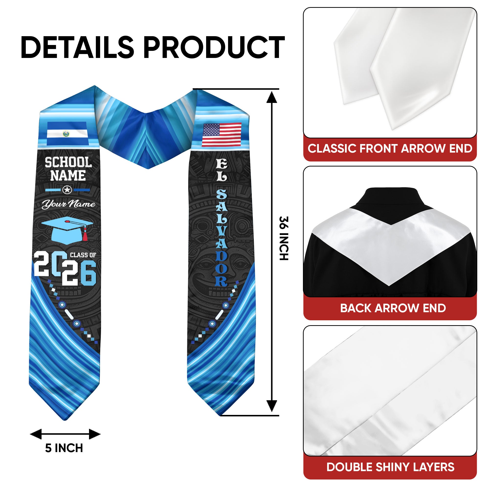 El Salvador Flag Graduation Stole 2026, Salvadoran Grad Sash, Custom Details for 2026