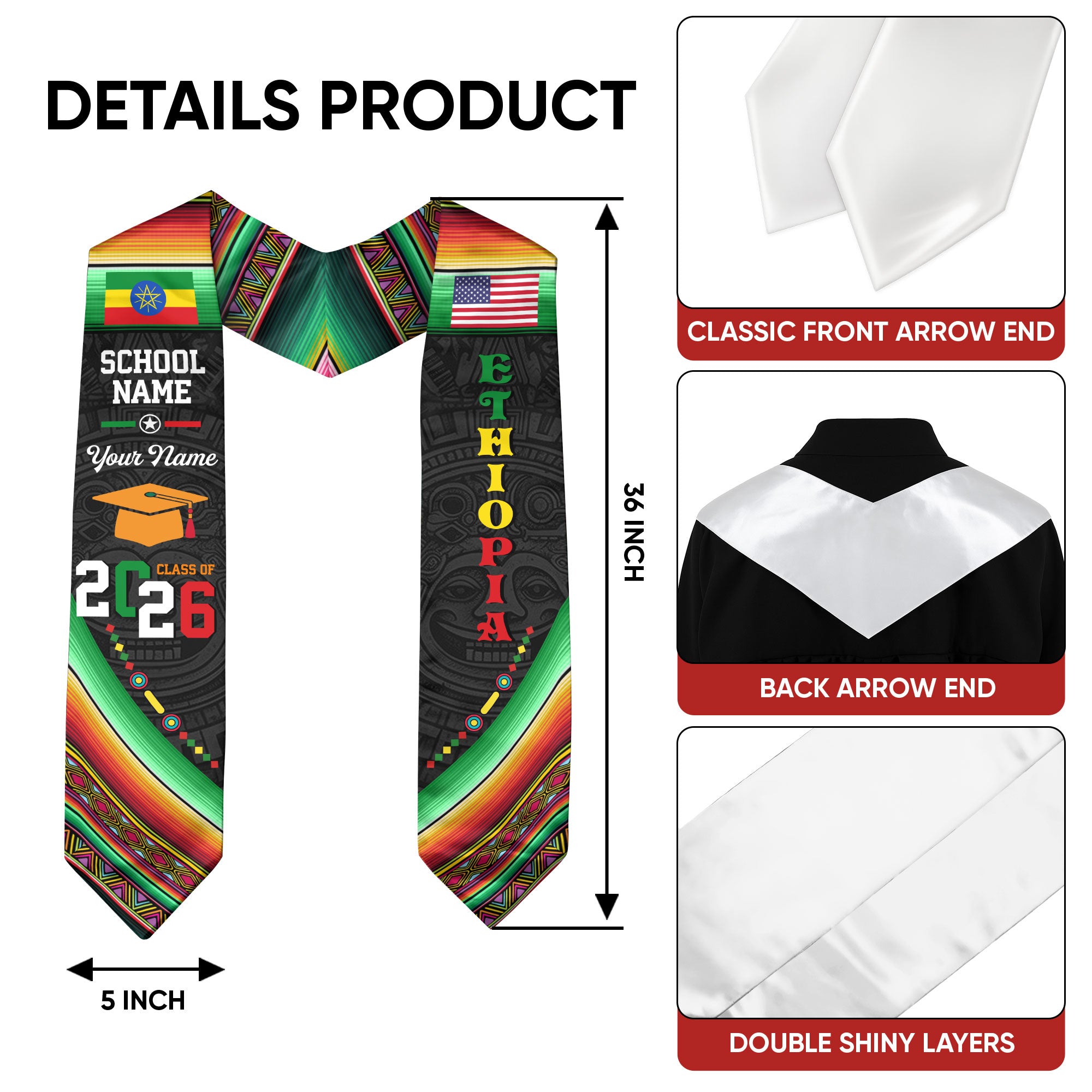 Ethiopia Flag Graduation Stole 2026, Ethiopian Grad Sash, Custom Details for Class of 2026