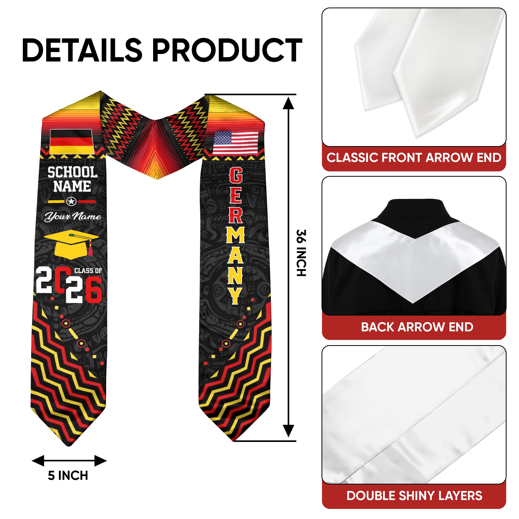 Germany Flag Graduation Stole 2026, German Grad Sash, Custom Details for Class of 2026
