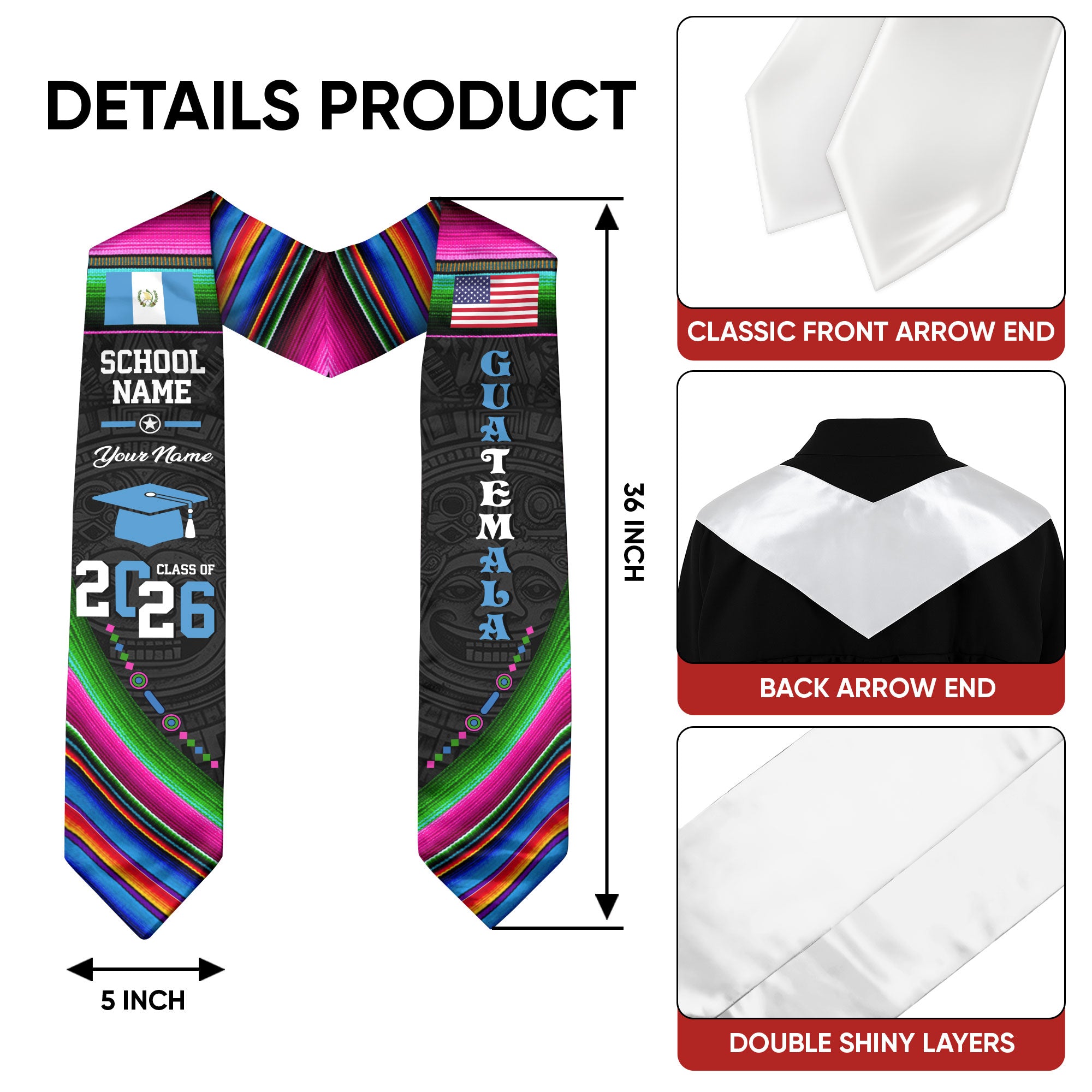 Guatemala Flag Graduation Stole 2026, Guatemalan Grad Sash, Custom Details for Class of 2026