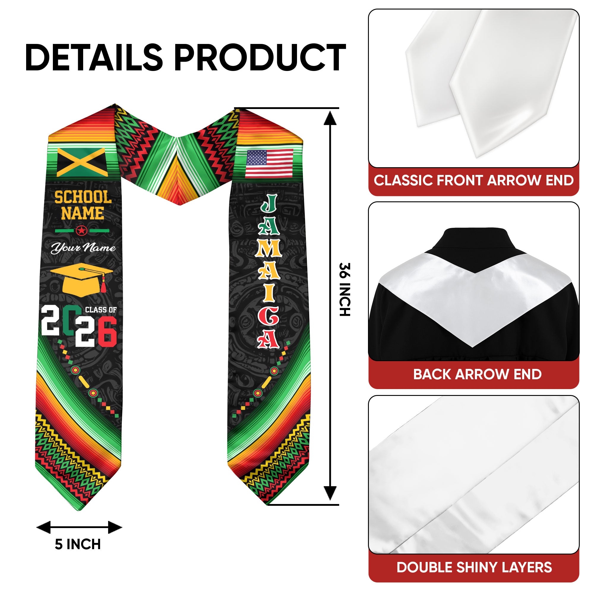 Jamaica Flag Graduation Stole 2026, Jamaican Grad Sash, Custom-Ready Gift Stole 2026