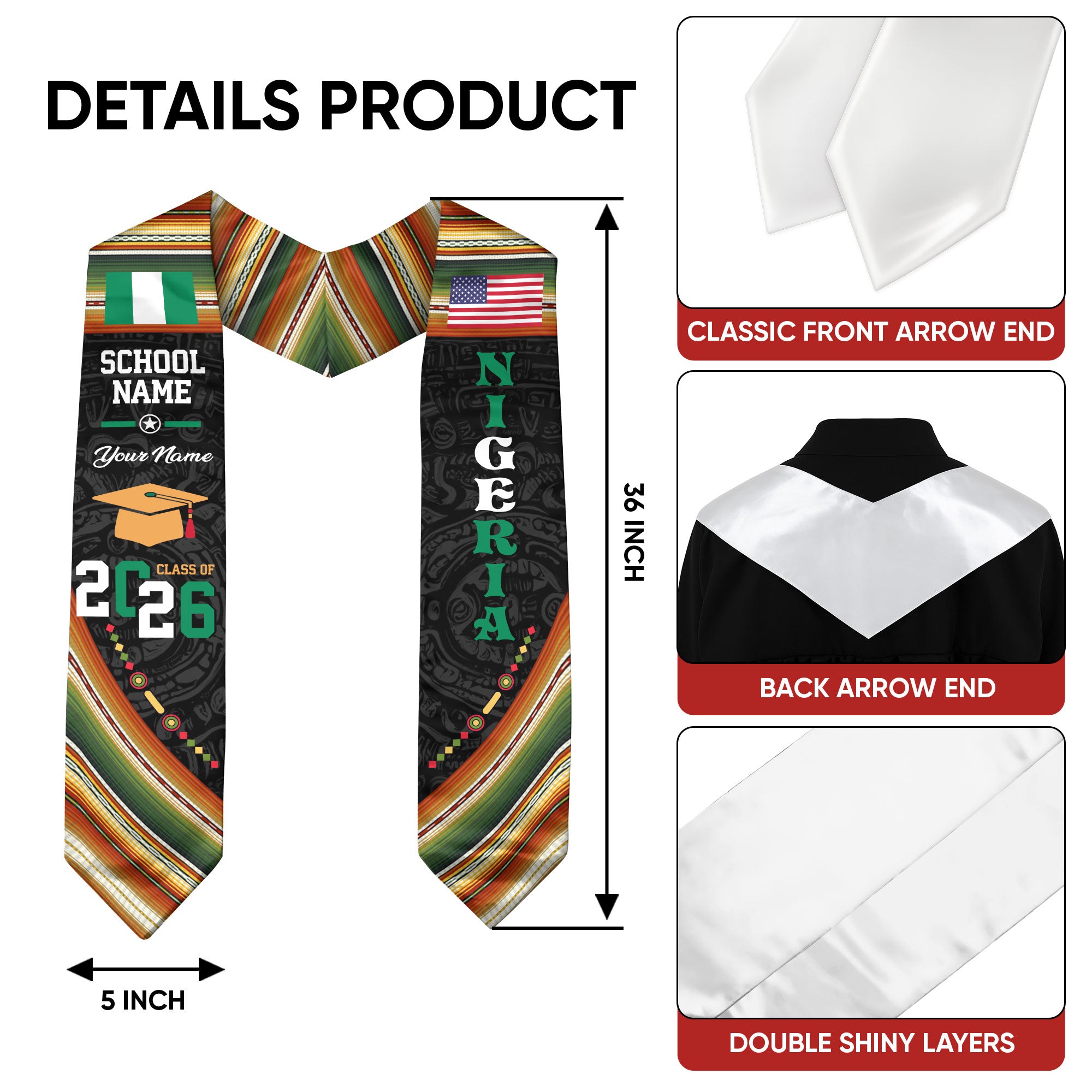 Nigeria Flag Graduation Stole 2026, Nigerian Grad Sash, Custom-Ready Gift Stole 2026