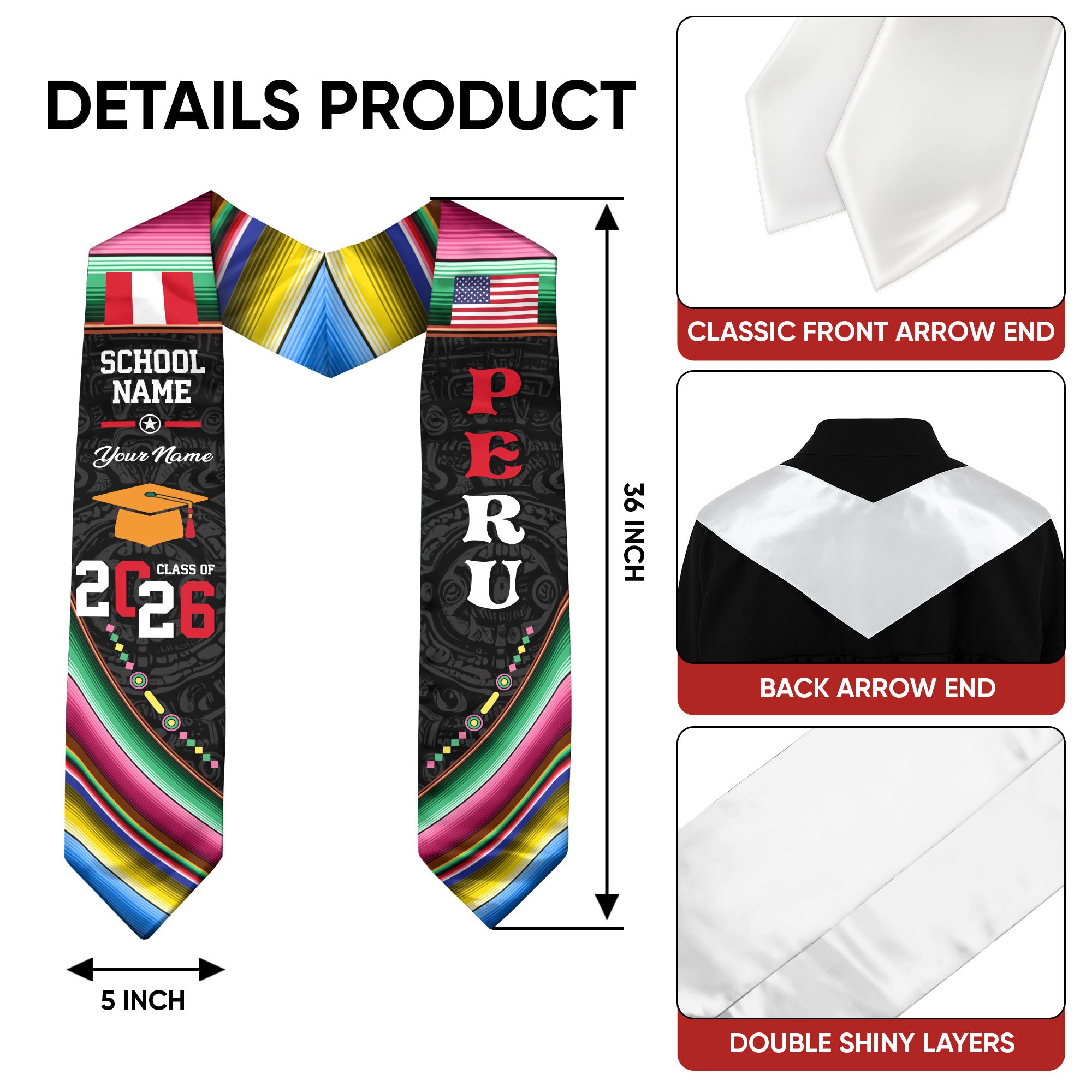Peru Flag Graduation Stole 2026, Peruvian Grad Sash, Custom-Ready Gift Stole 2026