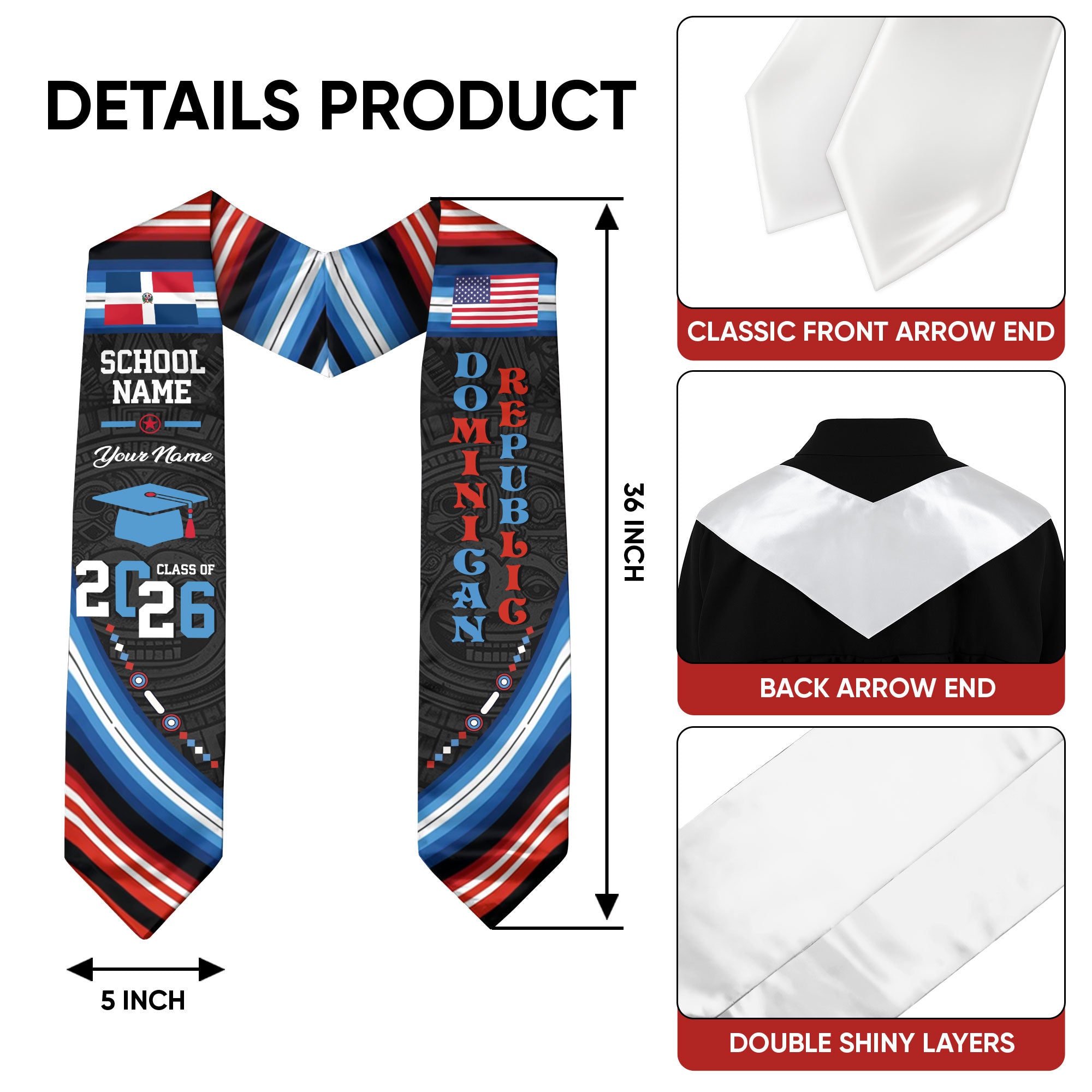 Dominican Republic Flag Graduation Stole 2026, Dominican Republic Grad Sash, Custom Details for Class of 2026