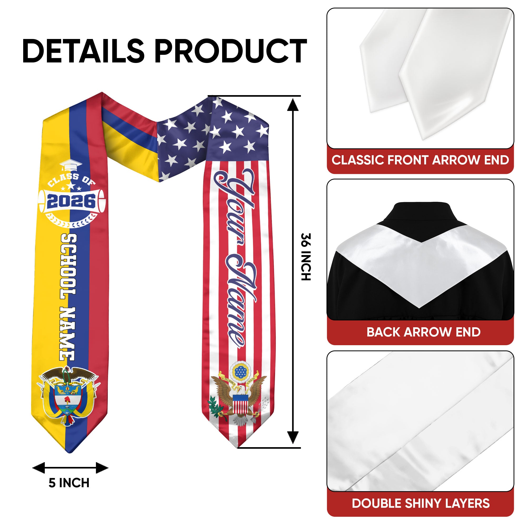 Colombian Graduation Stole 2026, Colombia Flag Sash, Graduation Stole with Custom Accent