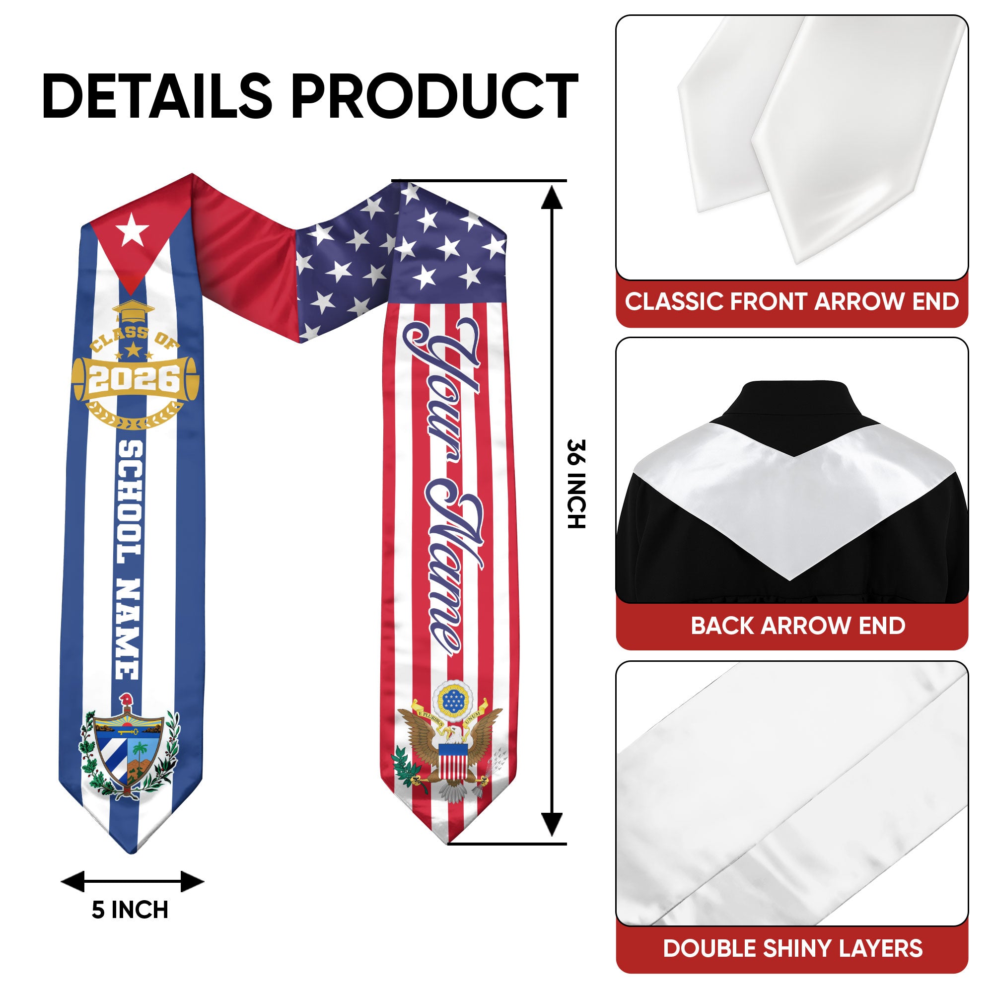 Cuban Graduation Stole 2026, Cuba Flag Sash, Graduation Stole with Custom Accent