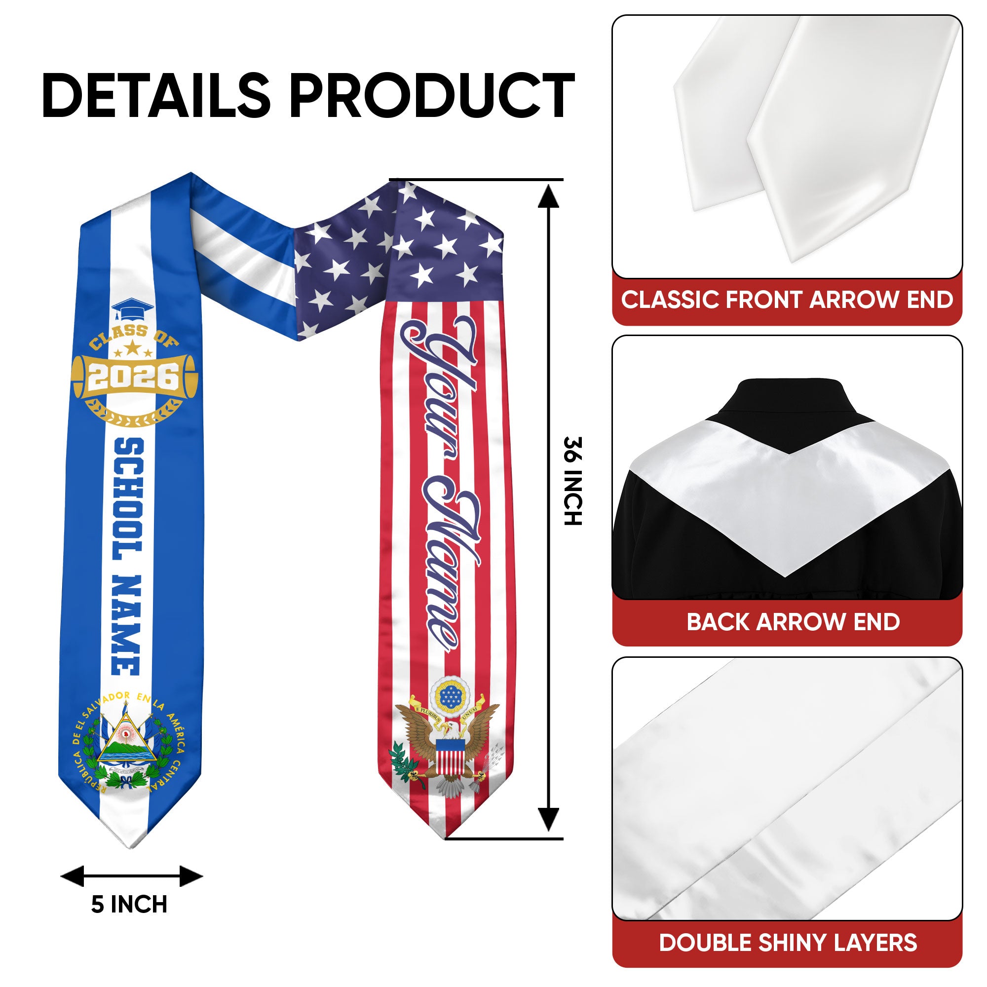 Salvadoran Graduation Stole 2026, El Salvador Flag Sash, Graduation Stole Custom Accent