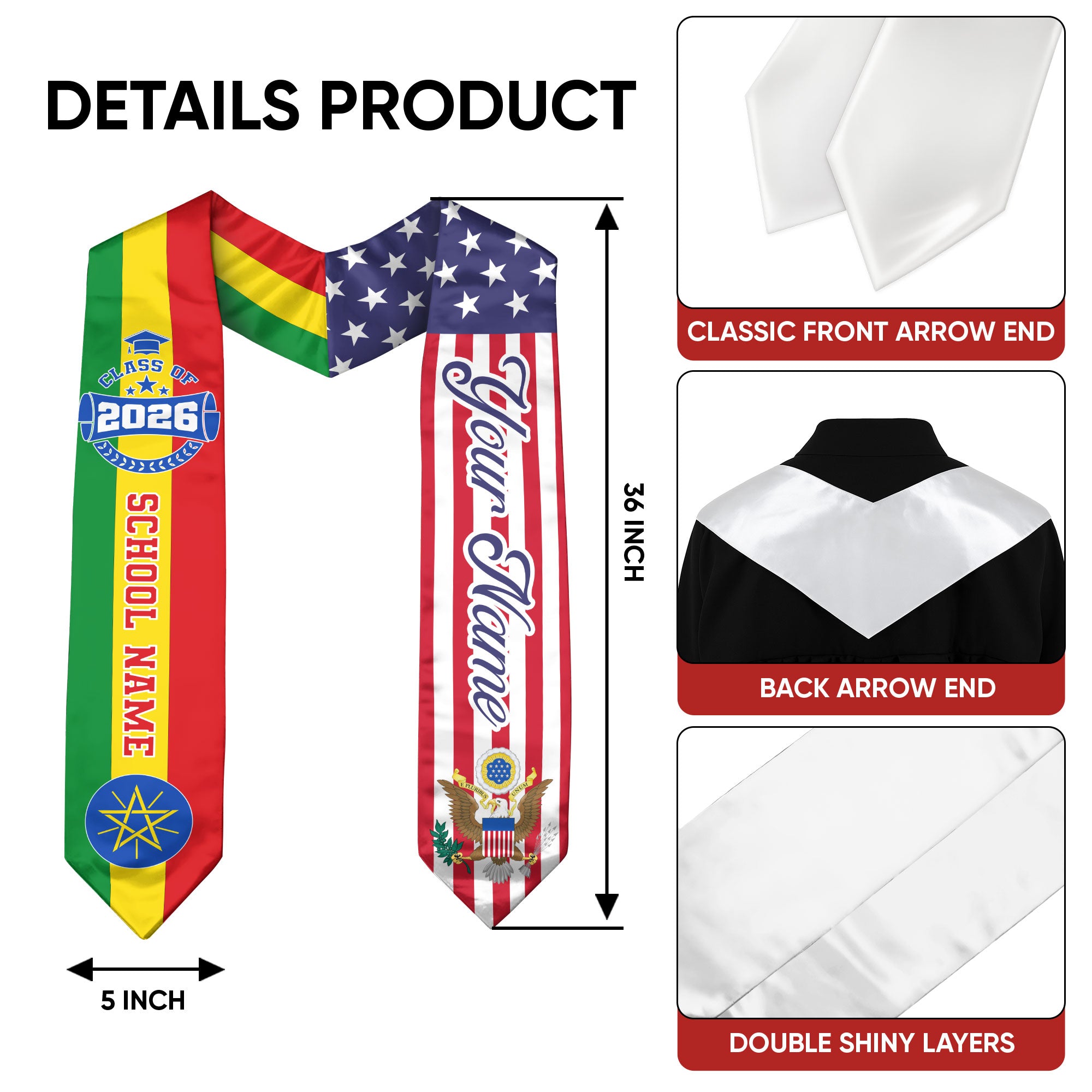 Ethiopian Graduation Stole 2026, Ethiopia Flag Sash, Custom Touch Graduation Stole 2026