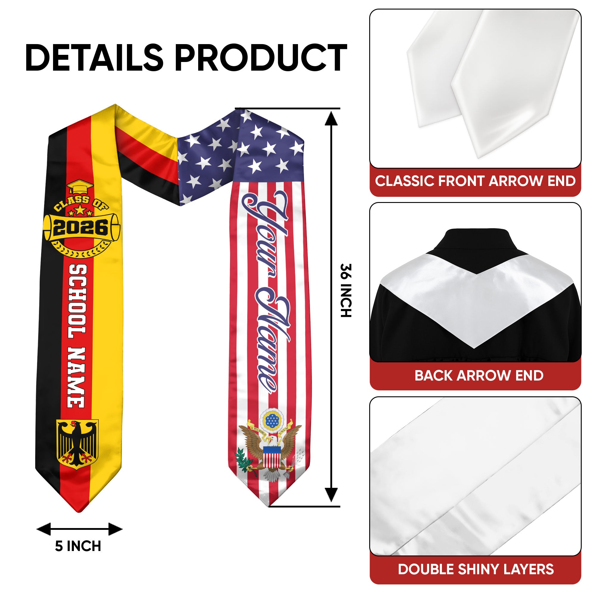 German Graduation Stole 2026, Germany Flag Sash, Custom Touch Graduation Stole 2026