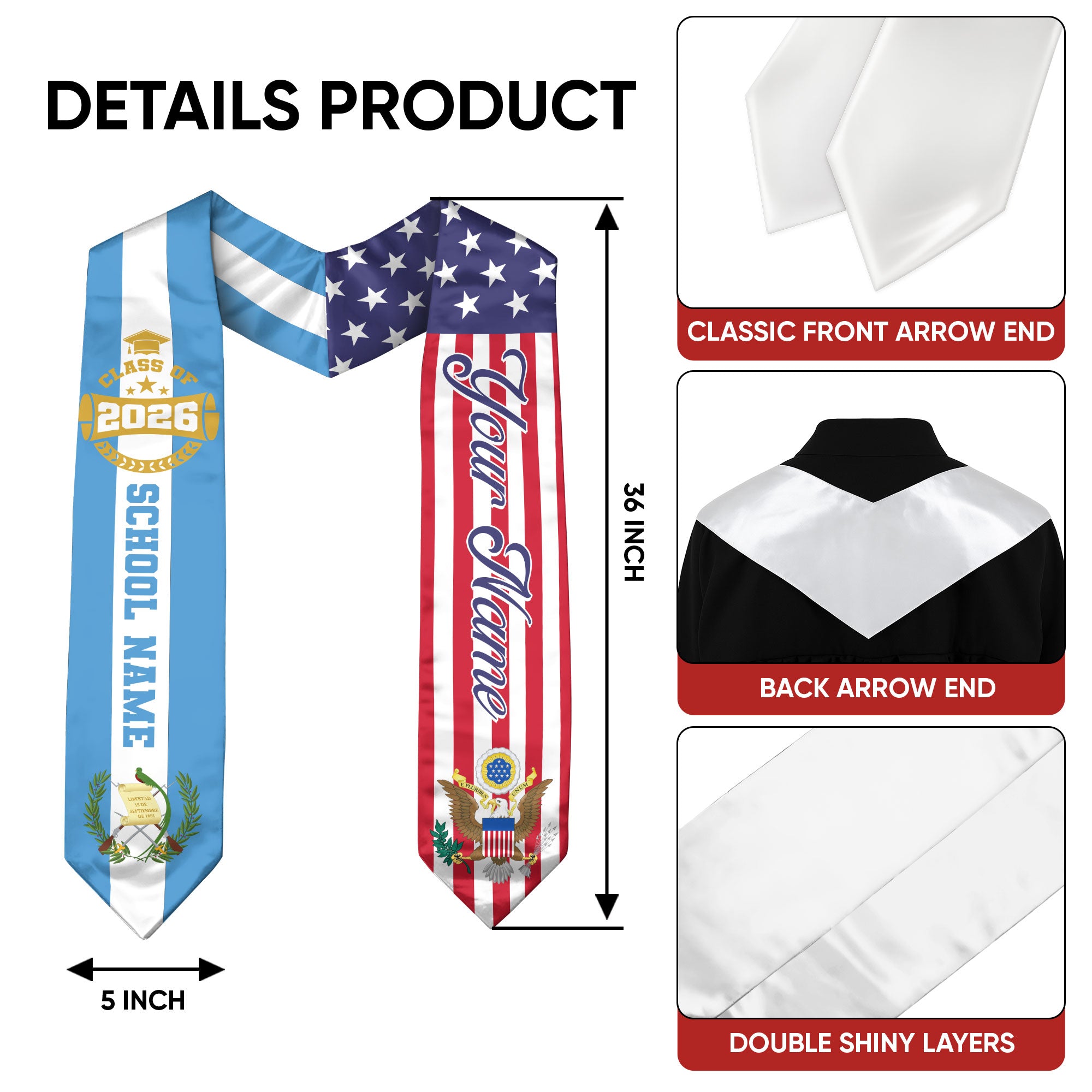 Guatemalan Graduation Stole 2026, Guatemala Flag Sash, Custom Touch Graduation Stole 2026