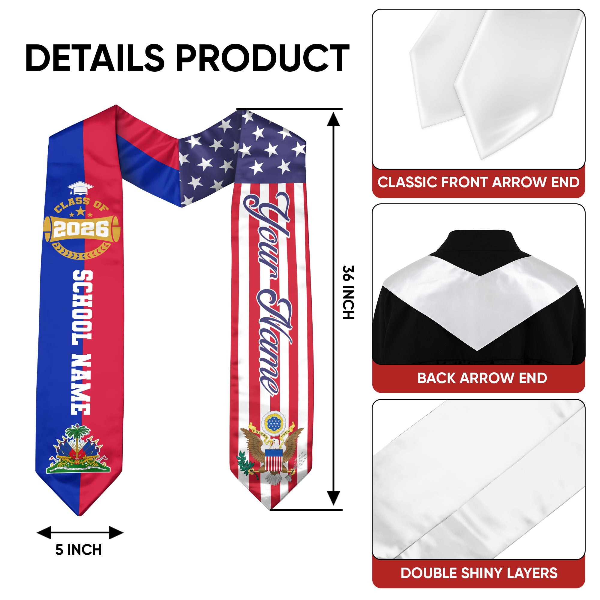 Haitian Flag Graduation Stole 2026, Haiti Sash Stole, Custom-Ready Gift for Graduates
