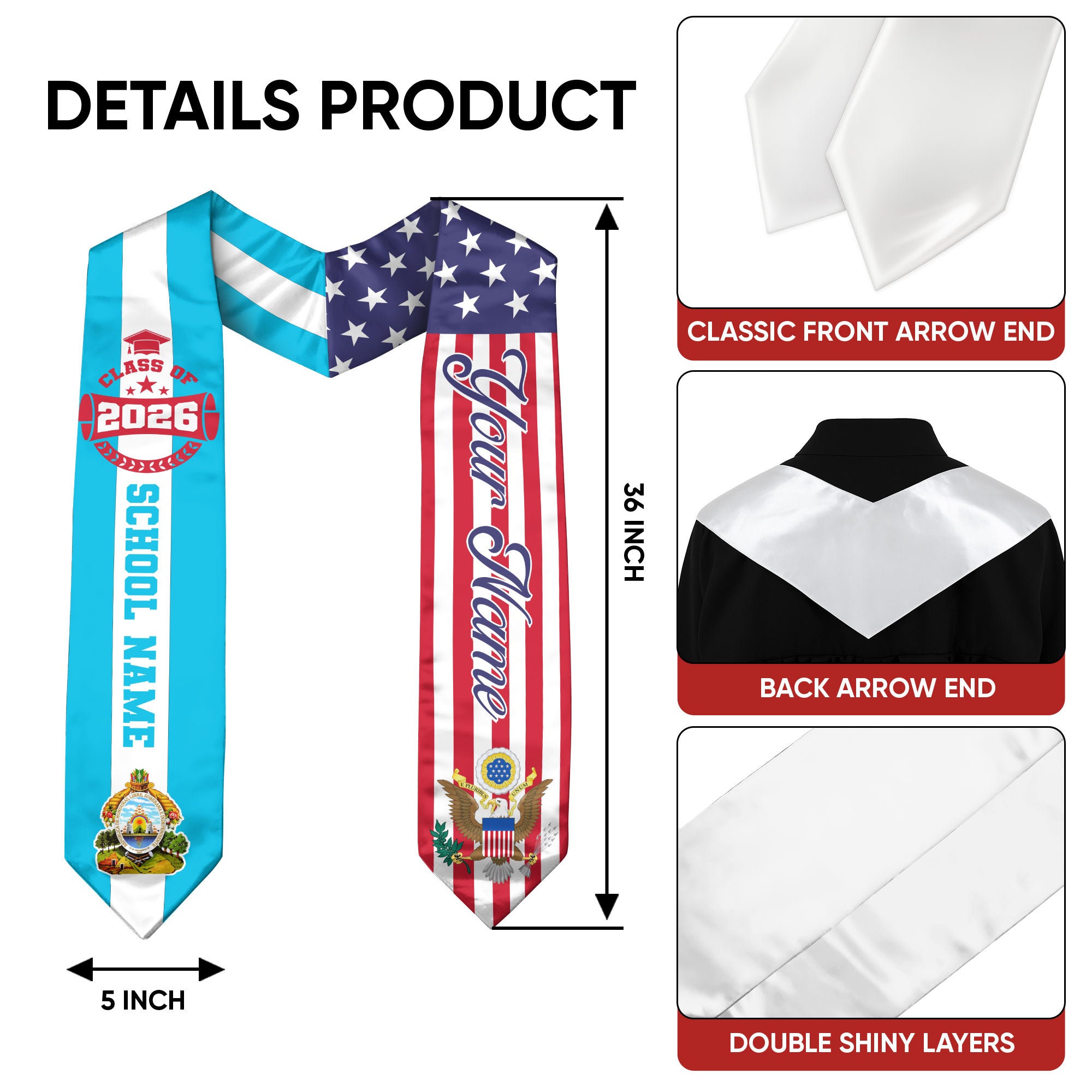 Class of 2026 Honduras Graduation Stole, Honduran Flag Sash, Custom Style Accessory