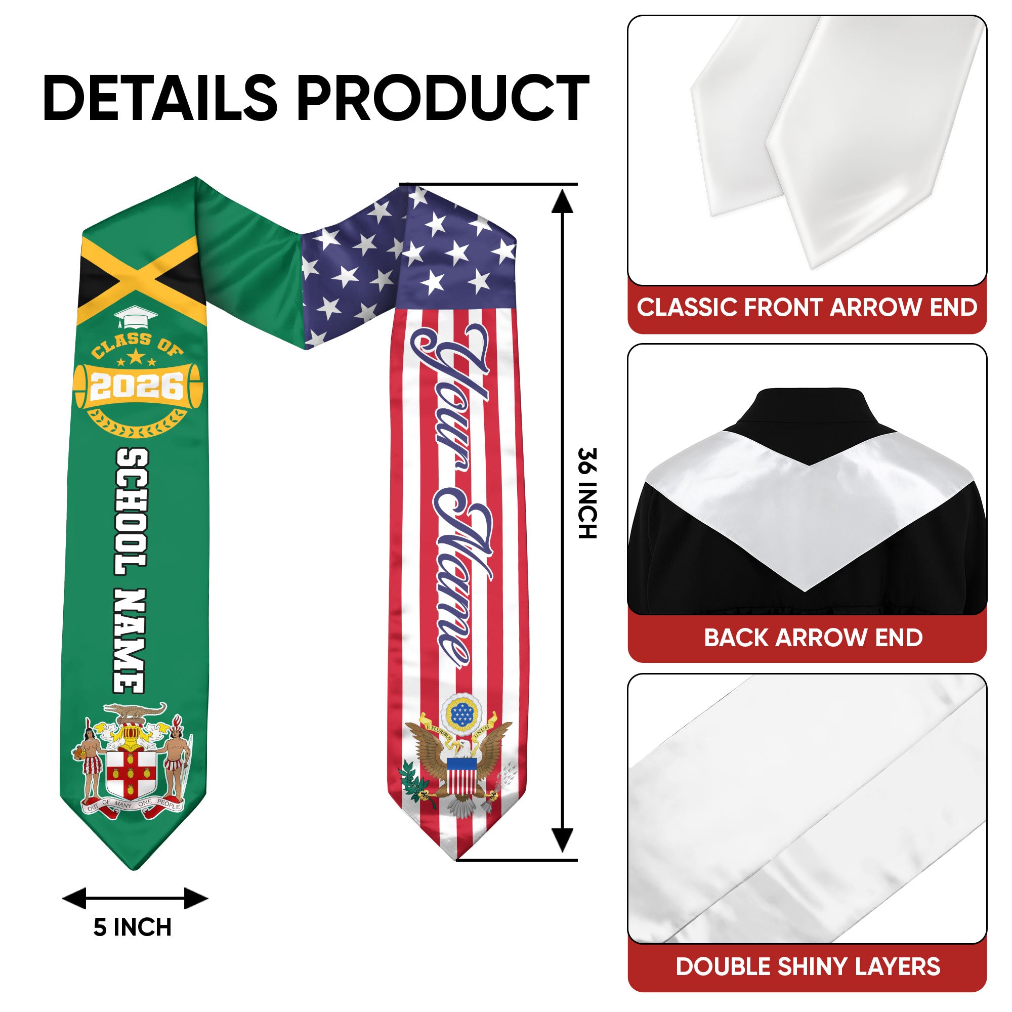 Class of 2026 Jamaica Graduation Stole, Jamaican Flag Sash, Custom Style Grad Accessory