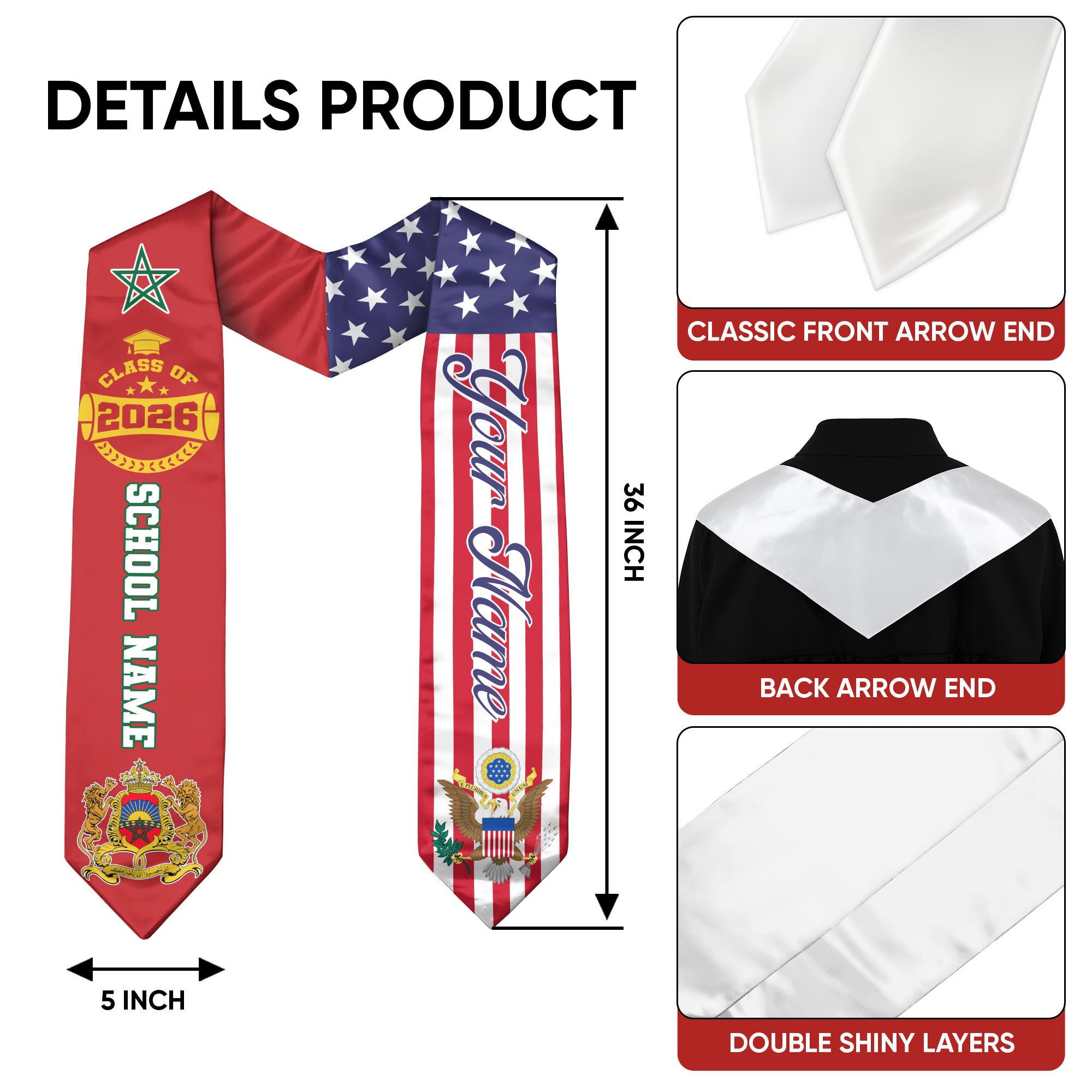 Class of 2026 Morocco Graduation Stole, Moroccan Flag Sash, Custom Style Grad Accessory