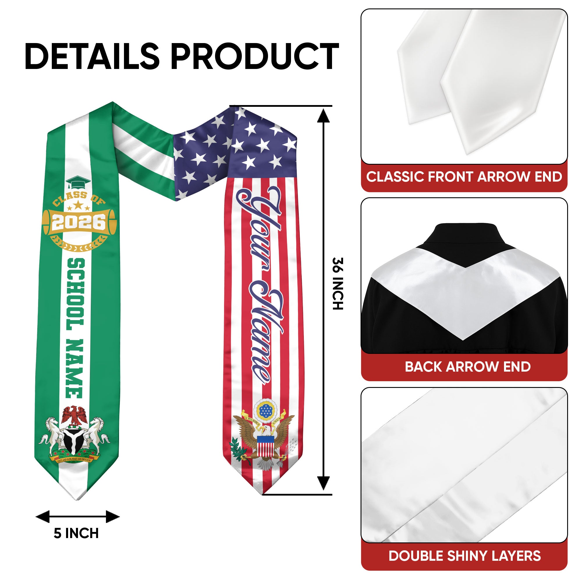 Class of 2026 Nigeria Graduation Stole, Nigerian Flag Sash, Custom Style Grad Accessory