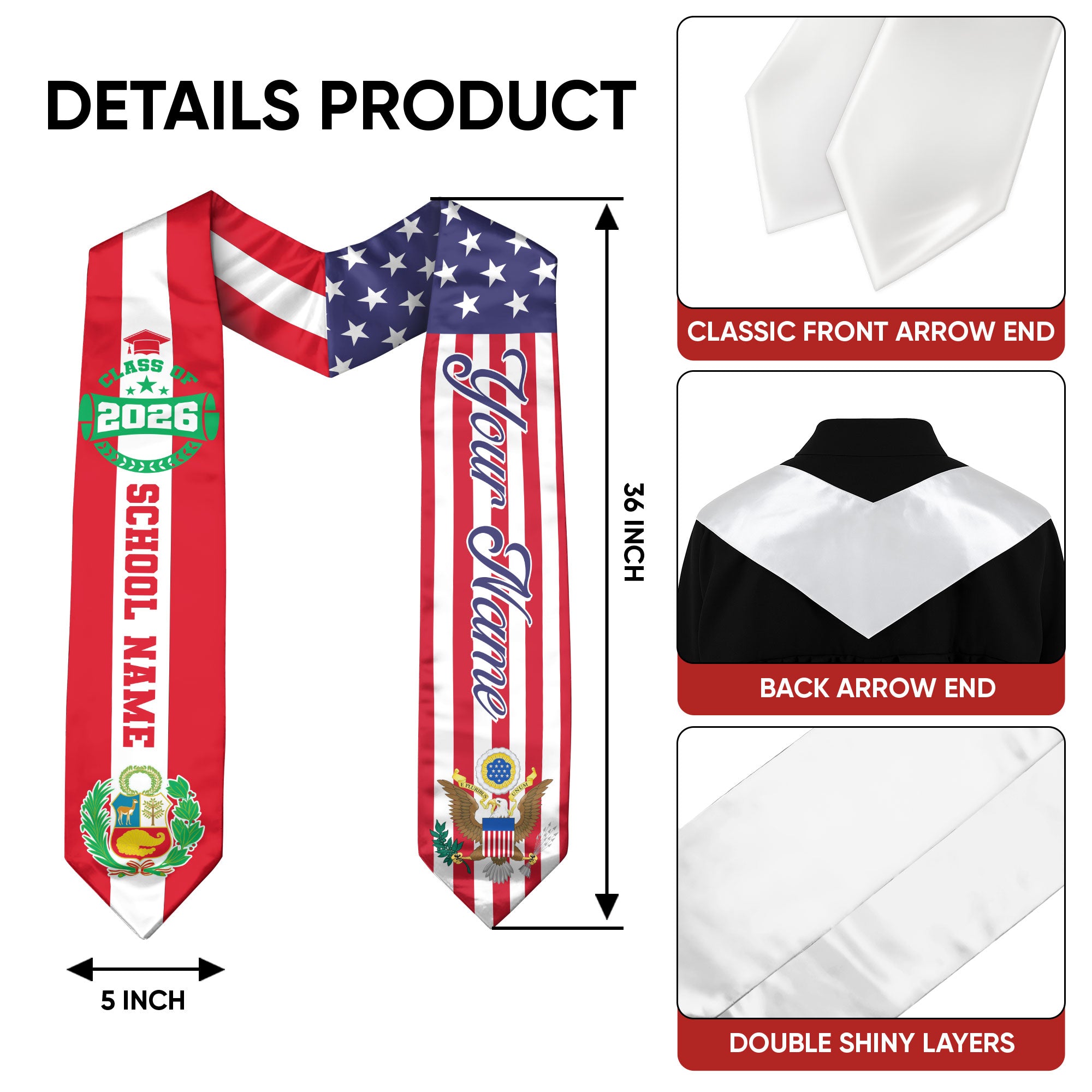 Class of 2026 Peru Graduation Stole, Peruvian Flag Sash, Custom Style Grad Accessory