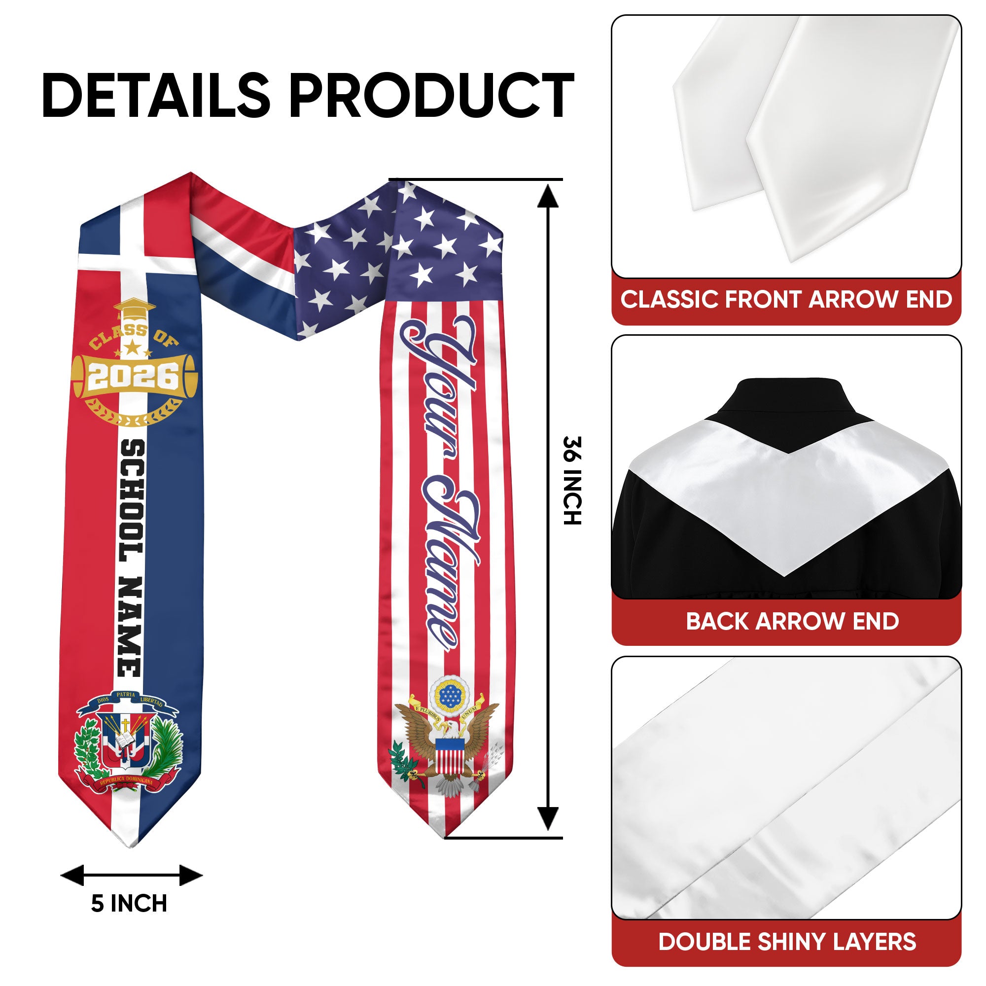 Dominican Republic Graduation Sash 2026, Dominican Republic Flag Stole, Graduation Stole with Custom Accent
