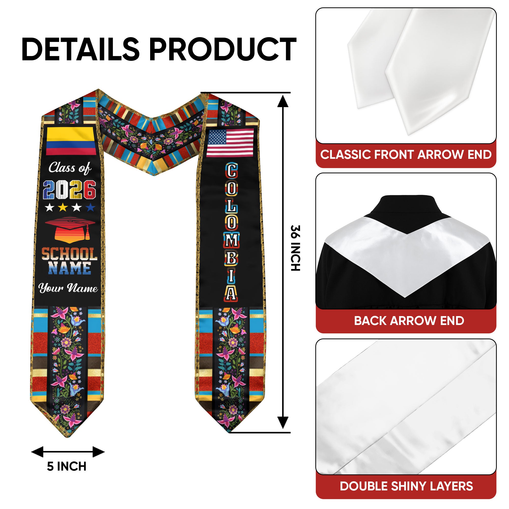 Colombia Graduation Sash 2026, Colombian Flag Graduation Stole, Customizable Detail Stole