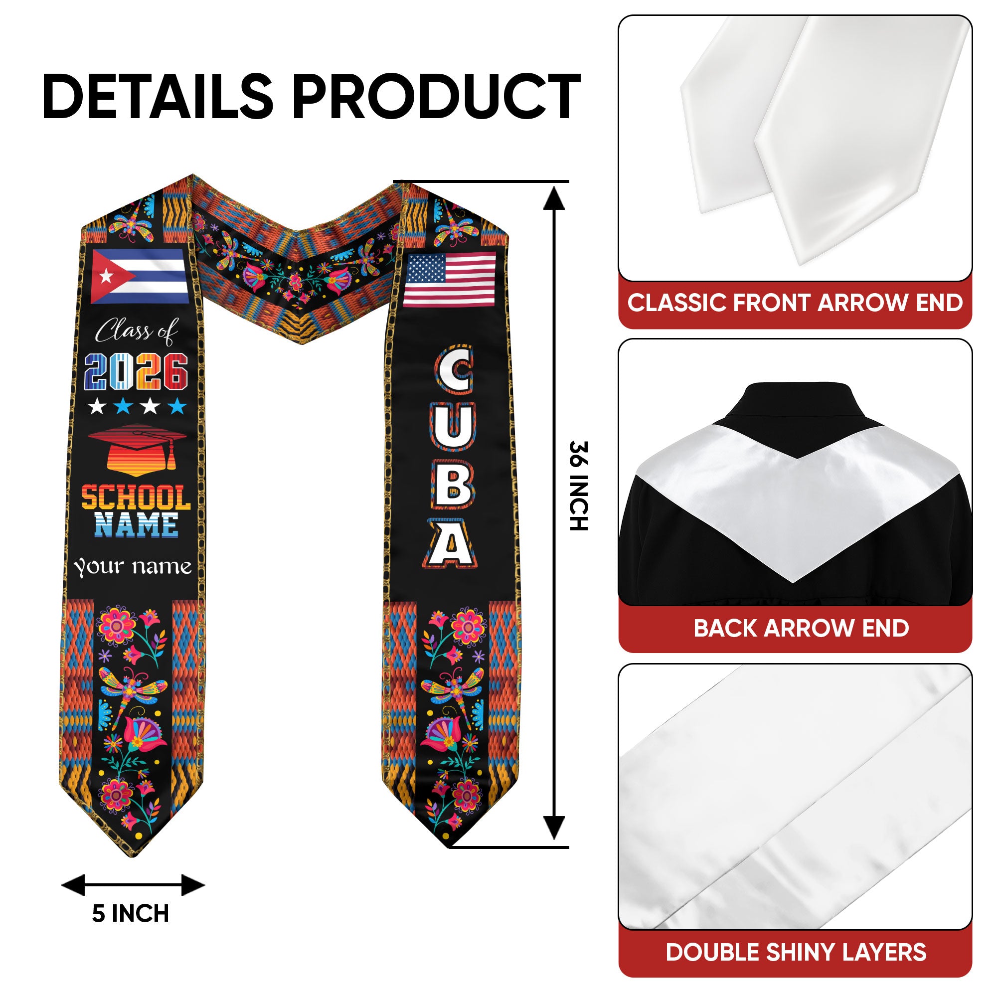Cuba Graduation Sash 2026, Cuban Flag Graduation Stole, Customizable Detail Stole 2026