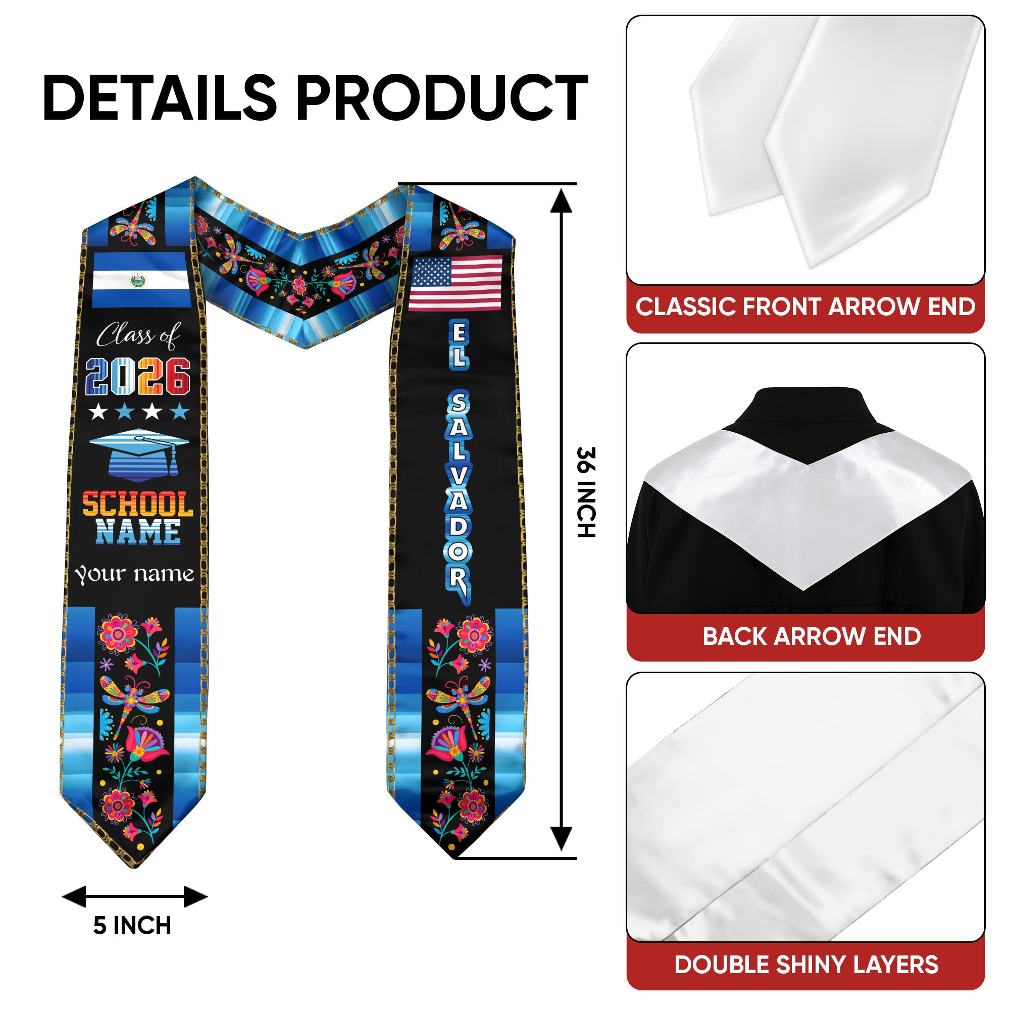 El Salvador Graduation Sash 2026, Salvadoran Flag Stole, Customizable Detail Grad Stole