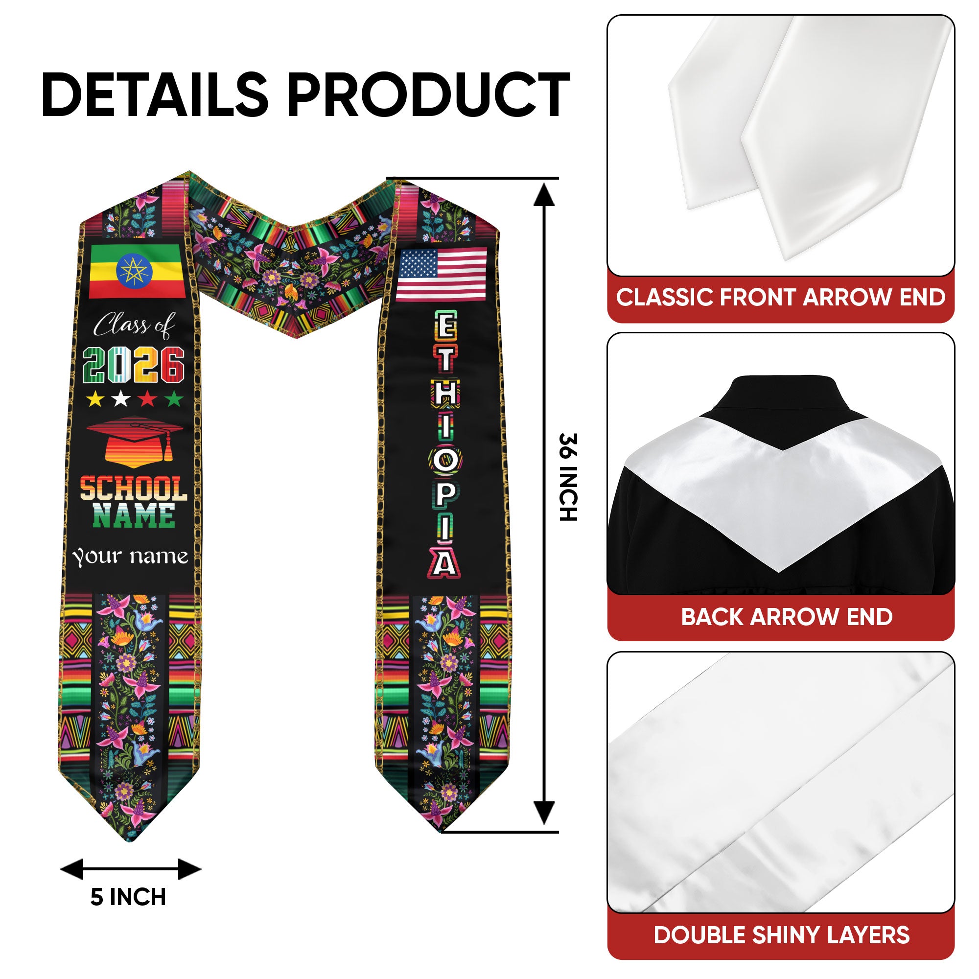Ethiopia Graduation Sash 2026, Ethiopian Flag Graduation Stole, Personalized Finish for Grads