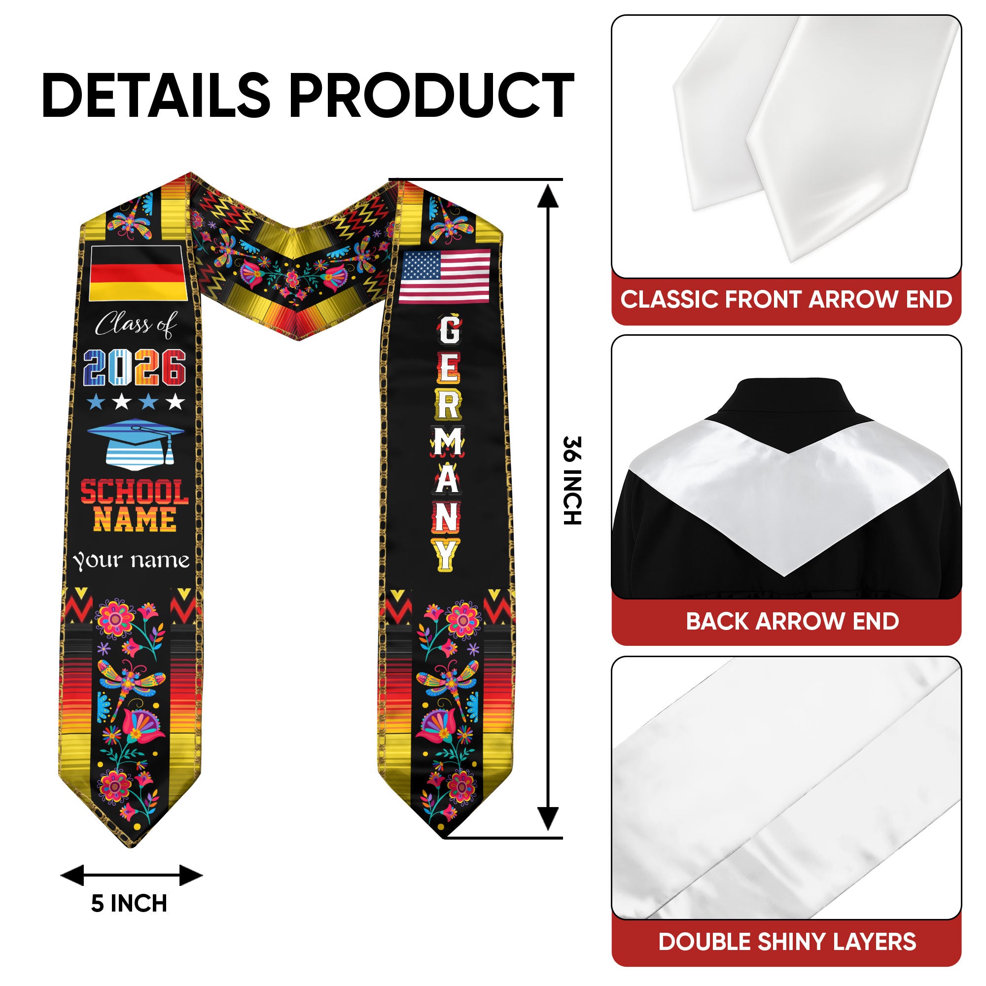 Germany Graduation Sash 2026, German Flag Graduation Stole, Personalized Finish for Grads