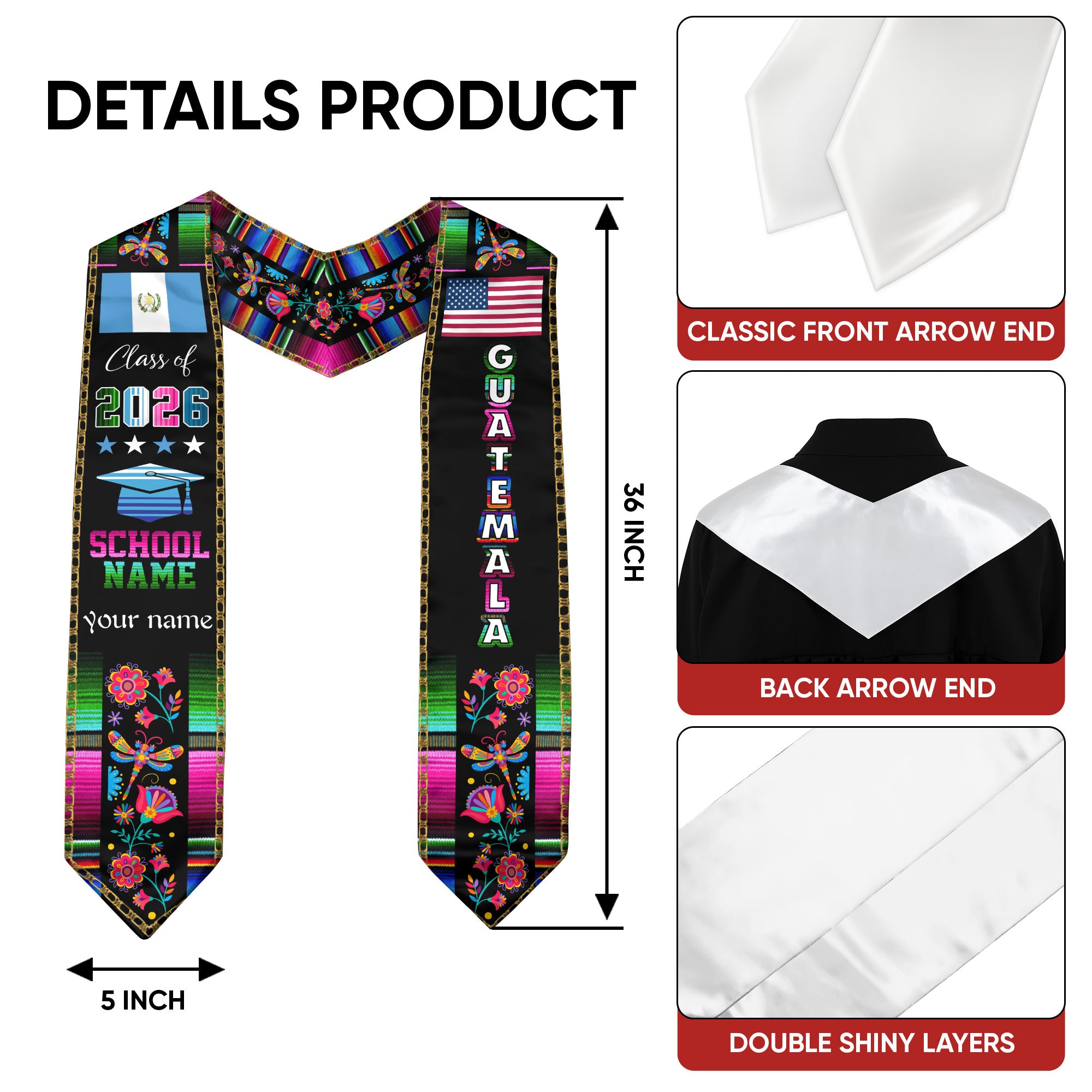 Guatemala Graduation Sash 2026, Guatemalan Flag Graduation Stole, Personalized Finish for Grads