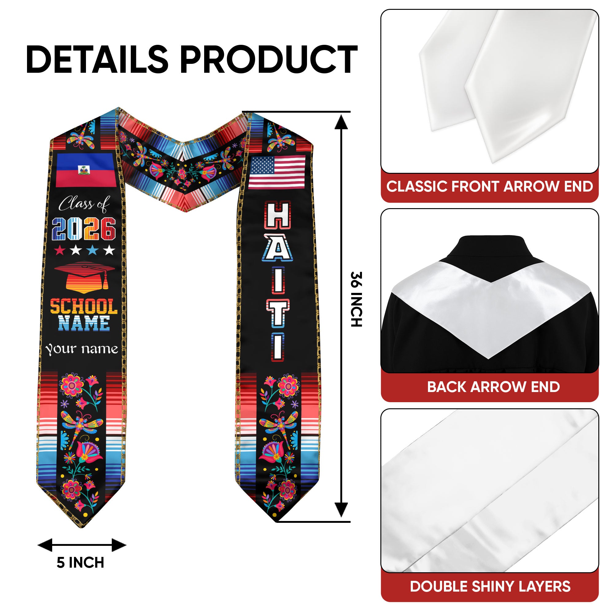 Class of 2026 Haiti Graduation Stole, Haitian Flag Sash, Custom Style Grad Accessory