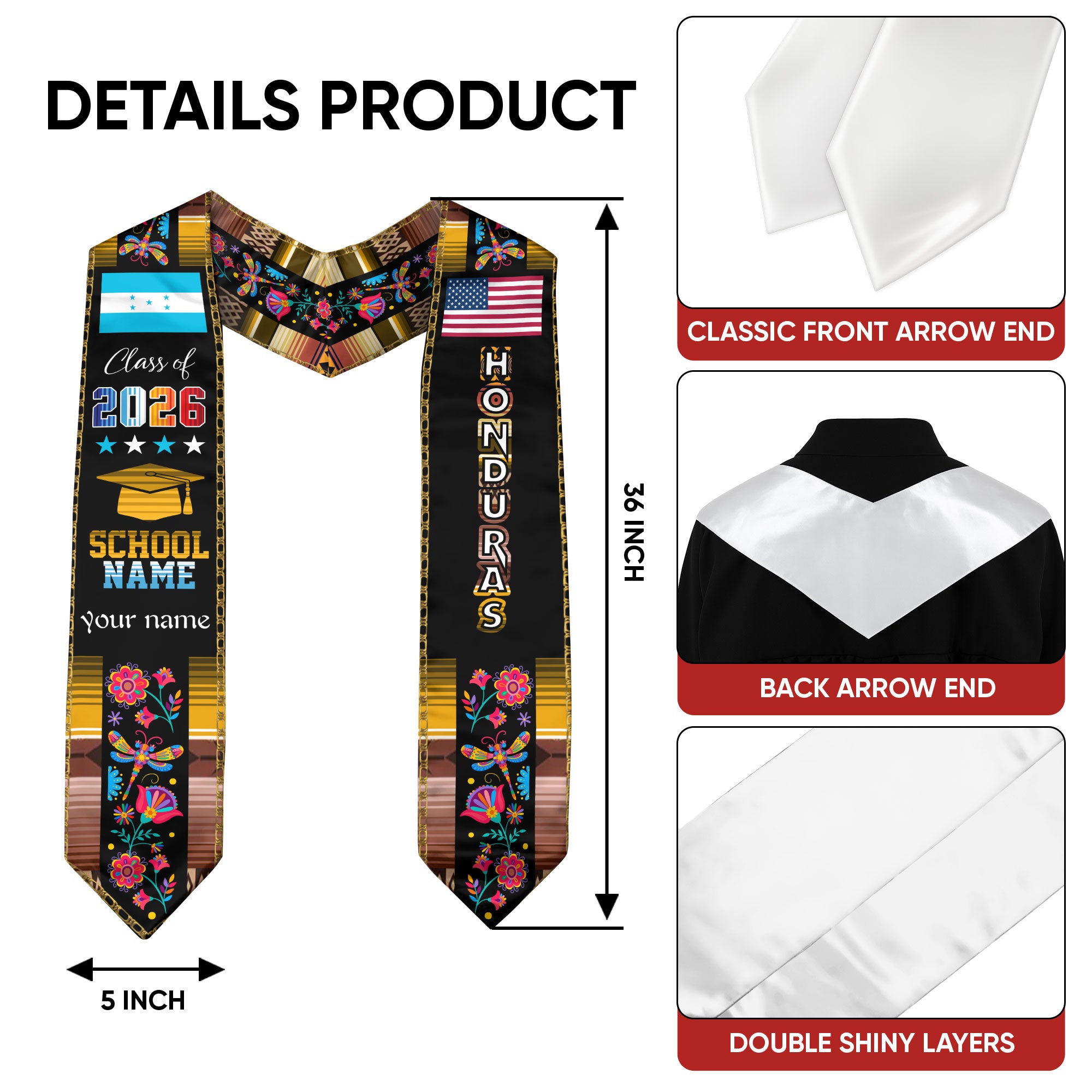 Honduran Graduation Sash 2026, Honduras Flag Stole, Graduation Sash with Custom Finish