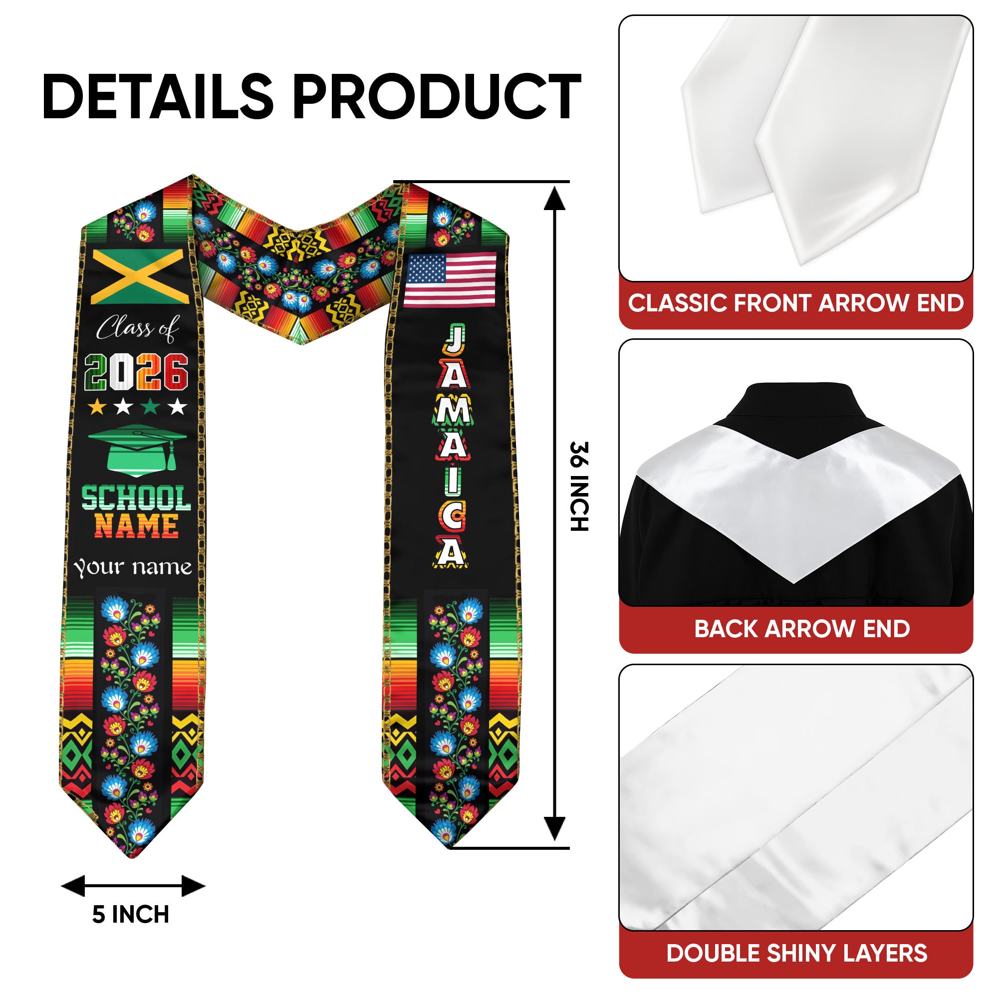 Jamaican Graduation Sash 2026, Jamaica Flag Stole, Graduation Sash with Custom Finish