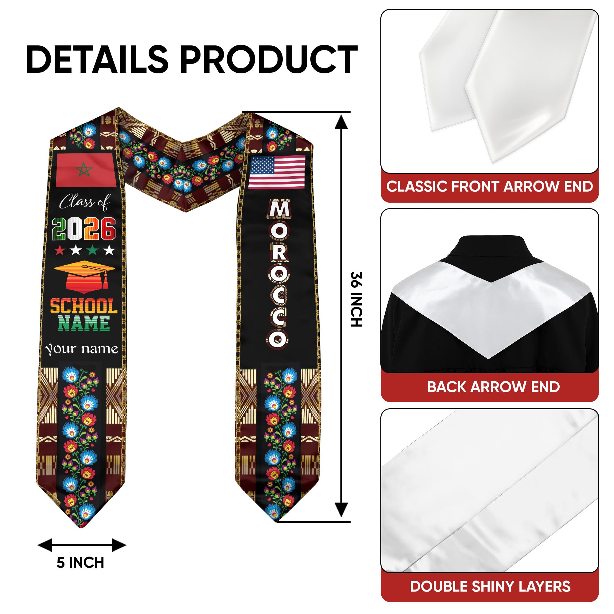 Moroccan Graduation Sash 2026, Morocco Flag Stole, Graduation Sash with Custom Finish