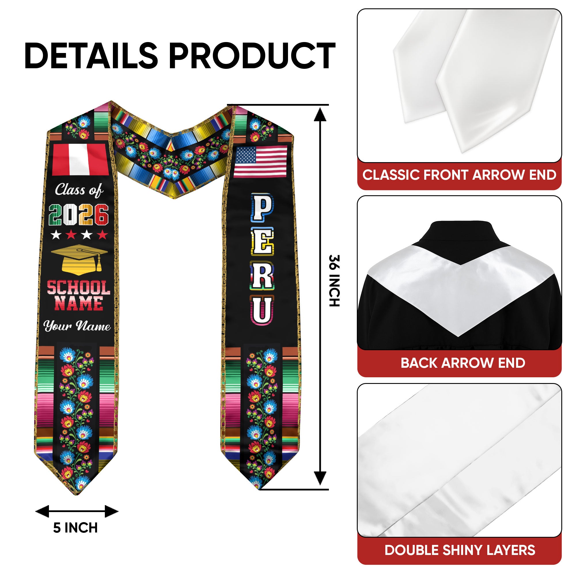 Peruvian Graduation Sash 2026, Peru Flag Stole, Graduation Sash with Custom Finish