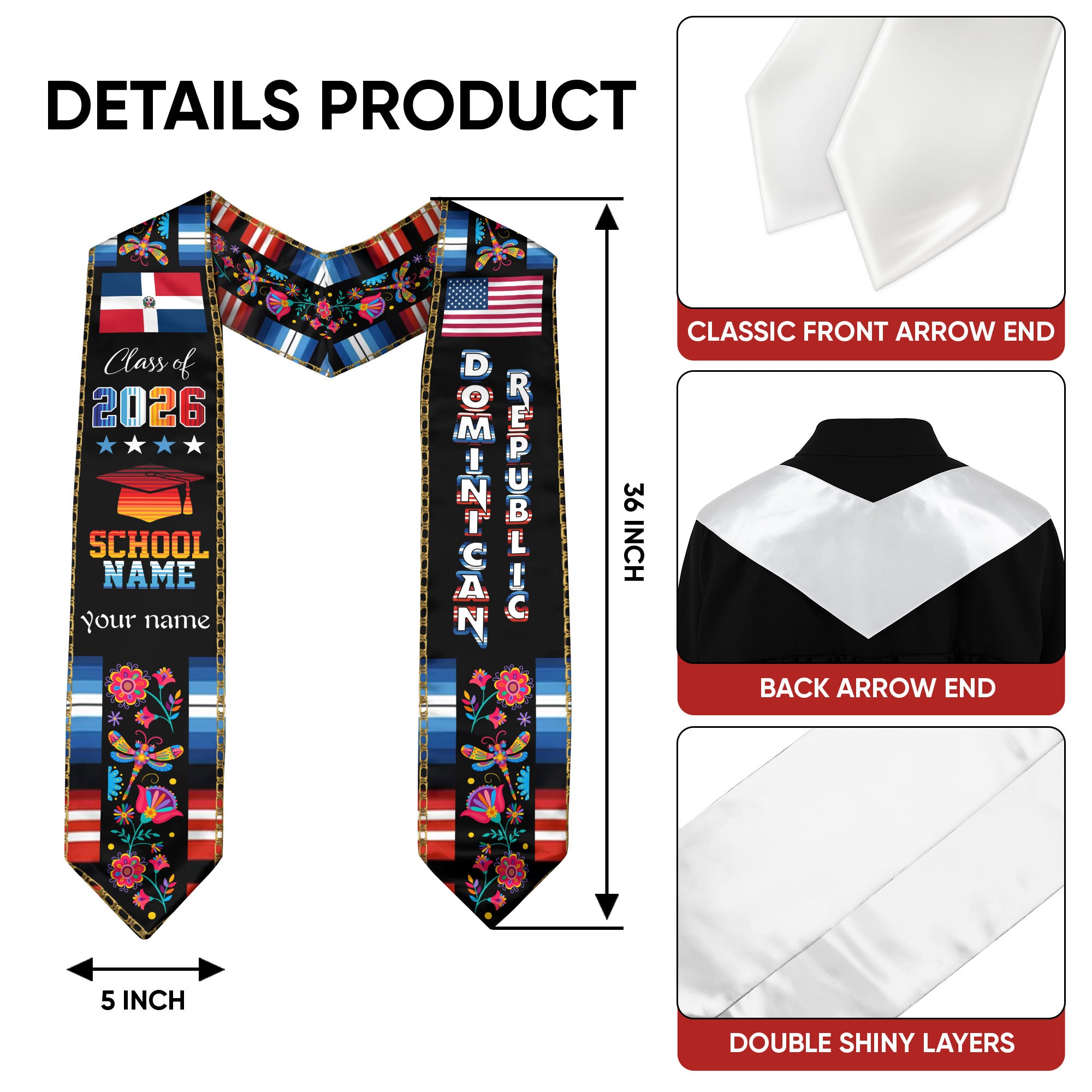 Dominican Republic Graduation Stole 2026, Dominican Republic Flag Sash, Customizable Detail Graduation Stole