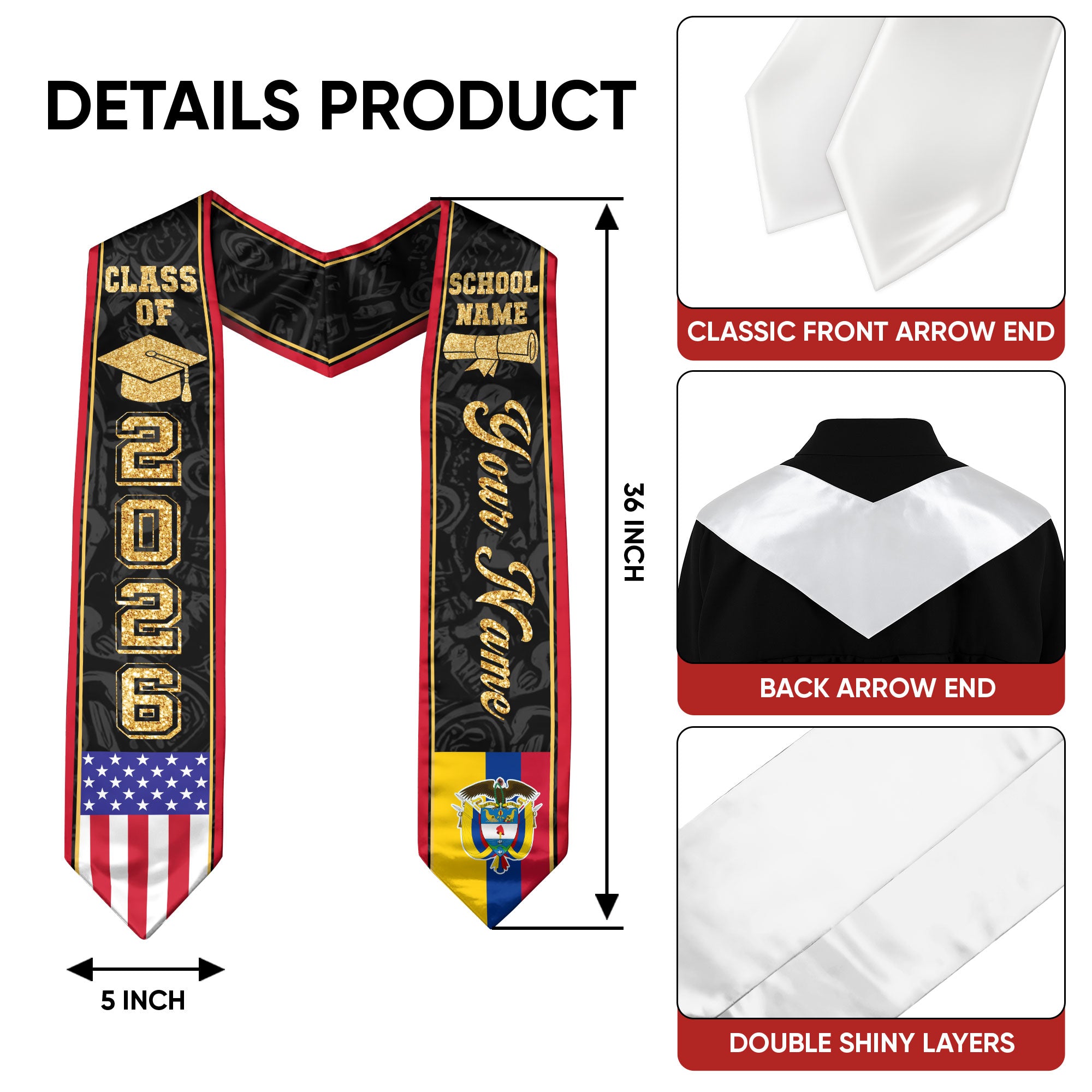 Colombian Flag Graduation Stole 2026, Colombia Graduation Sash, Personalized Finish Stole