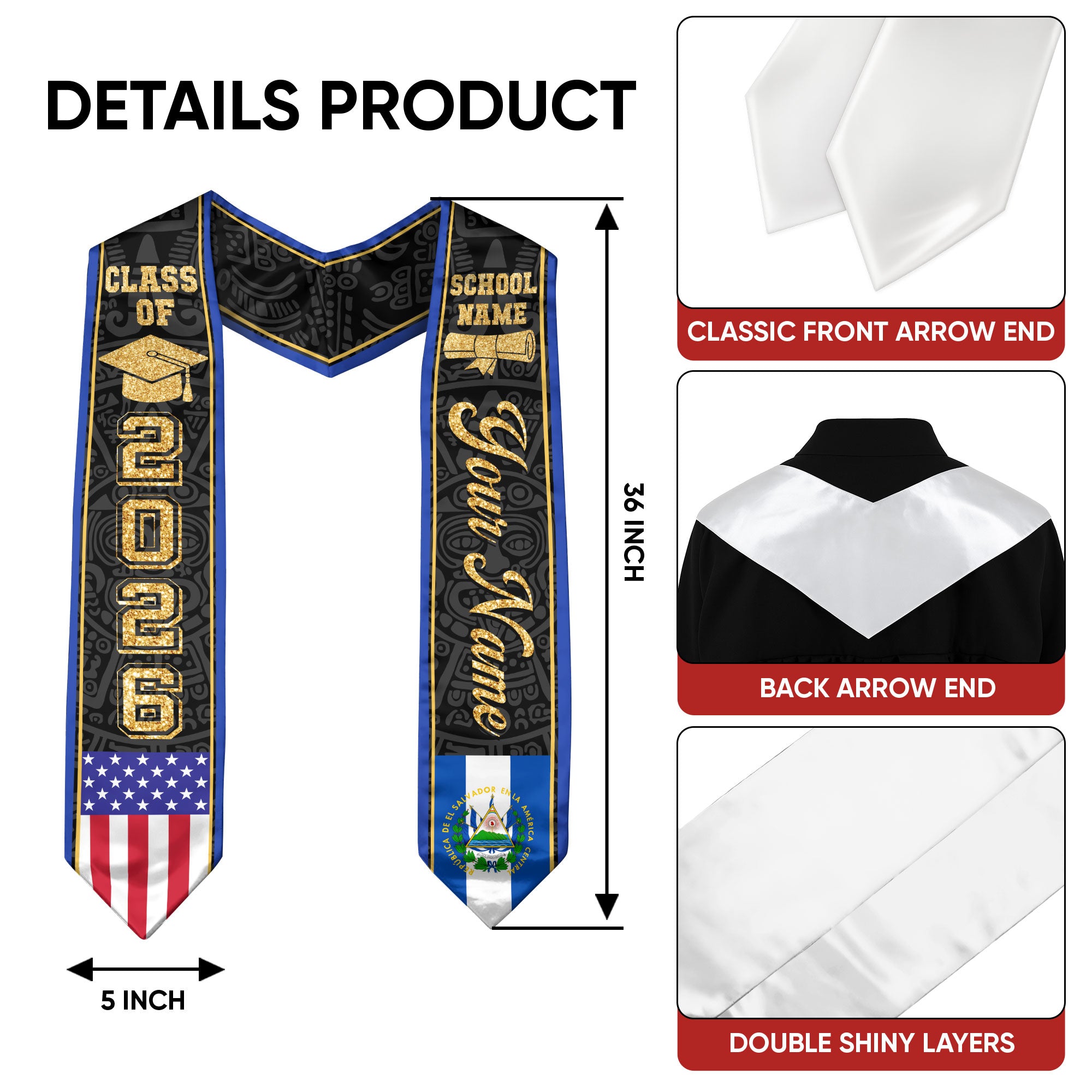 Salvadoran Flag Graduation Stole 2026, El Salvador Graduation Sash, Personal Finish