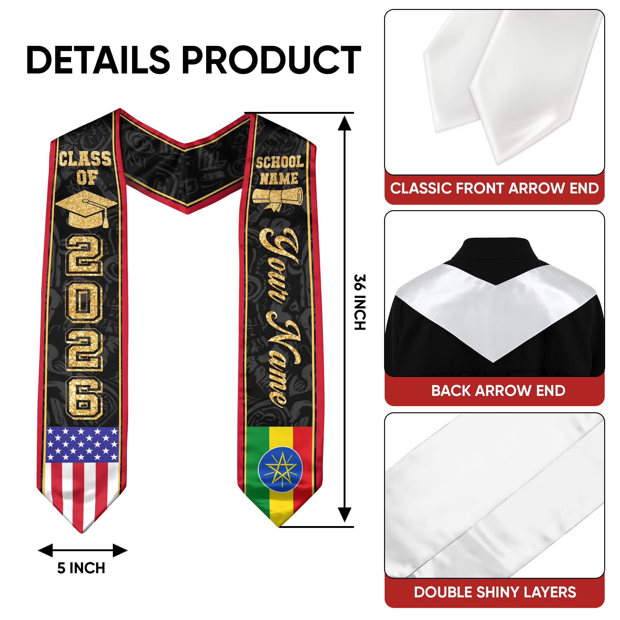 Ethiopian Flag Graduation Stole 2026, Ethiopia Stole Sash, Custom Accent for Graduates