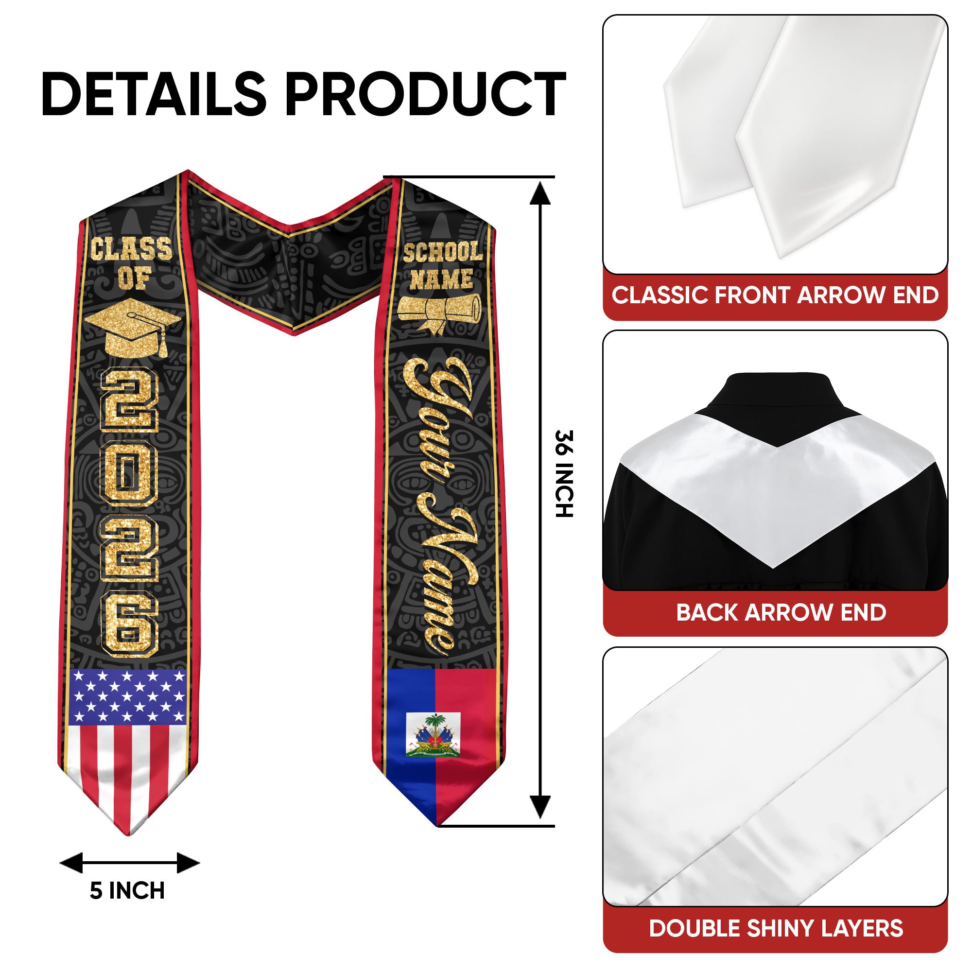 Haiti Graduation Stole 2026, Haitian Flag Sash Stole, Custom Choice Graduation Sash