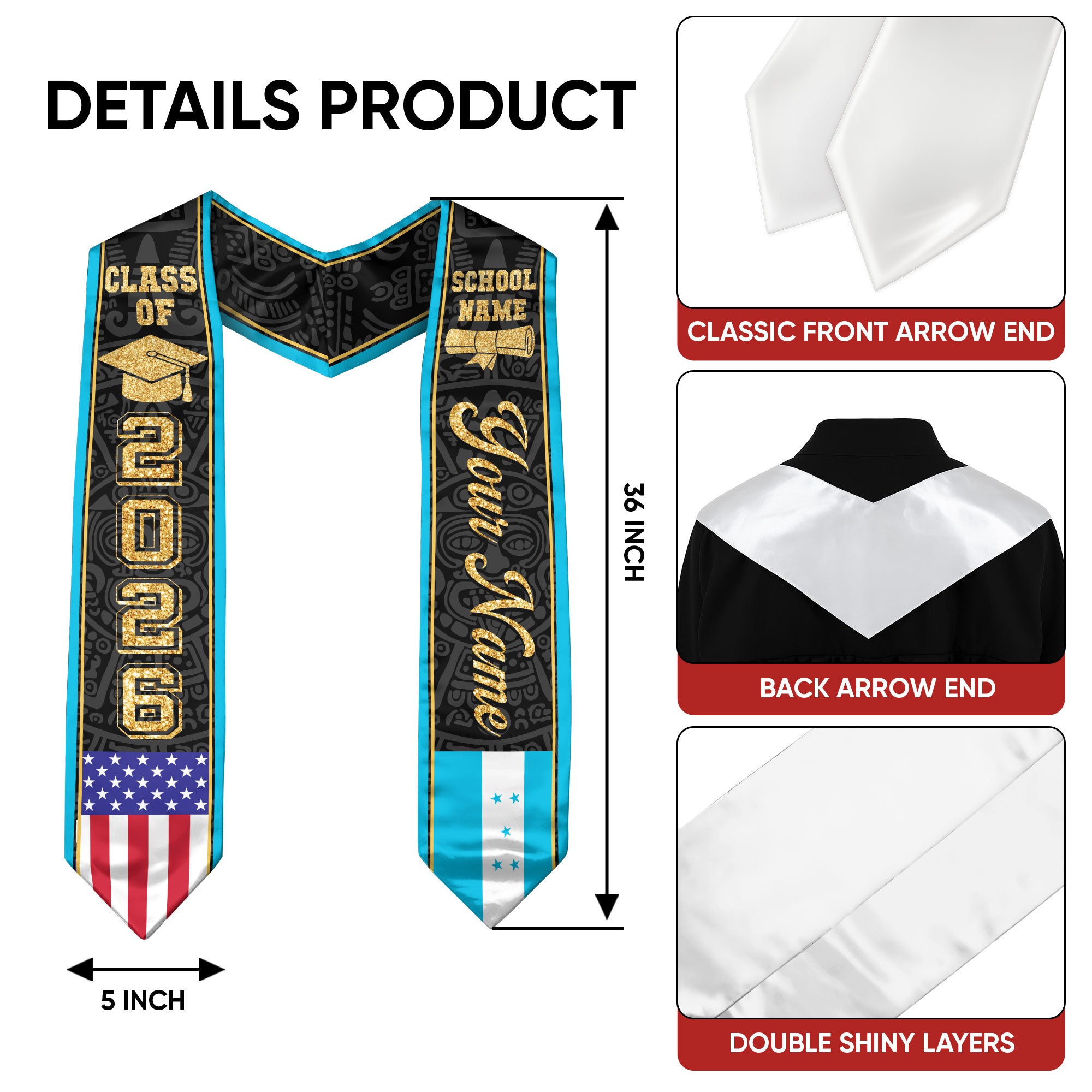 Honduras Graduation Stole 2026, Honduran Flag Stole Sash, Tailored Detail for 2026