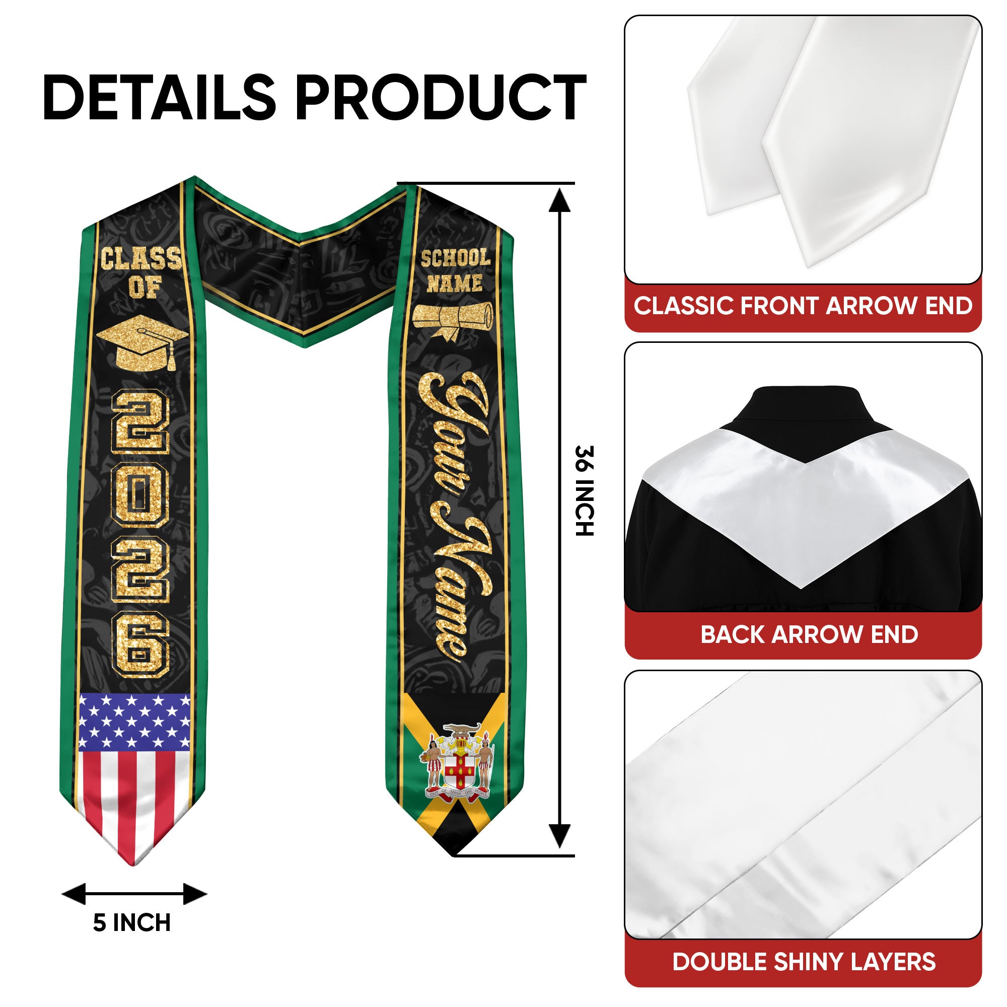 Jamaica Graduation Stole 2026, Jamaican Flag Stole Sash, Tailored Detail for 2026