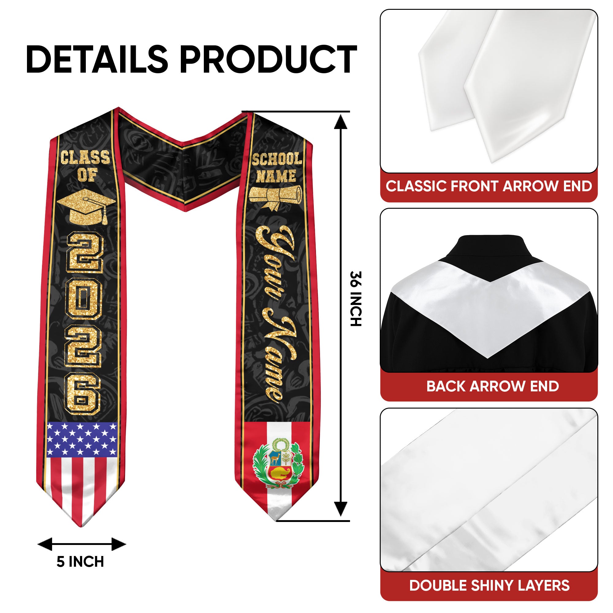 Peru Graduation Stole 2026, Peruvian Flag Stole Sash, Tailored Detail for 2026