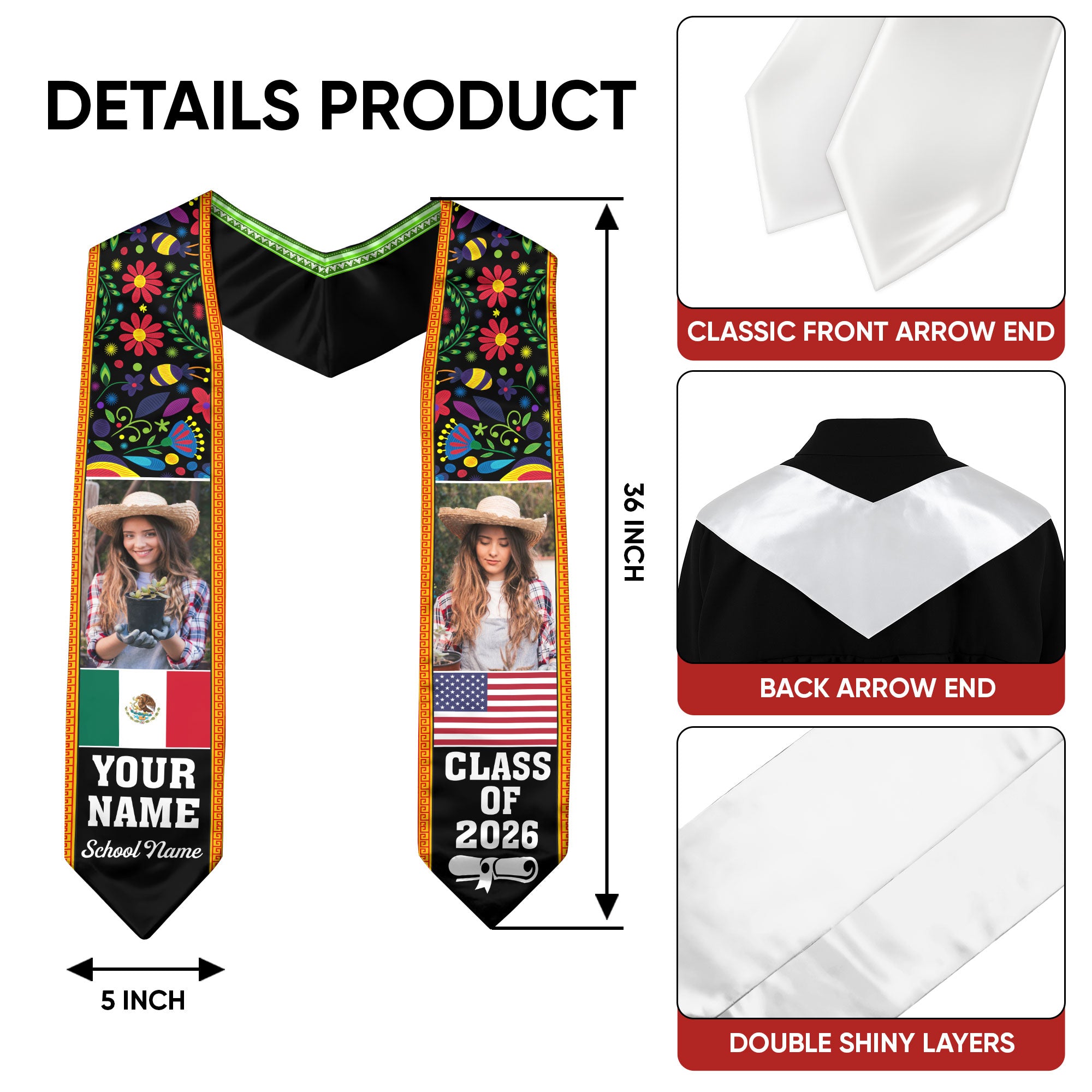 Mexico Flag Graduation Sash 2026, Mexican Graduation Stole, Add Your Details Option