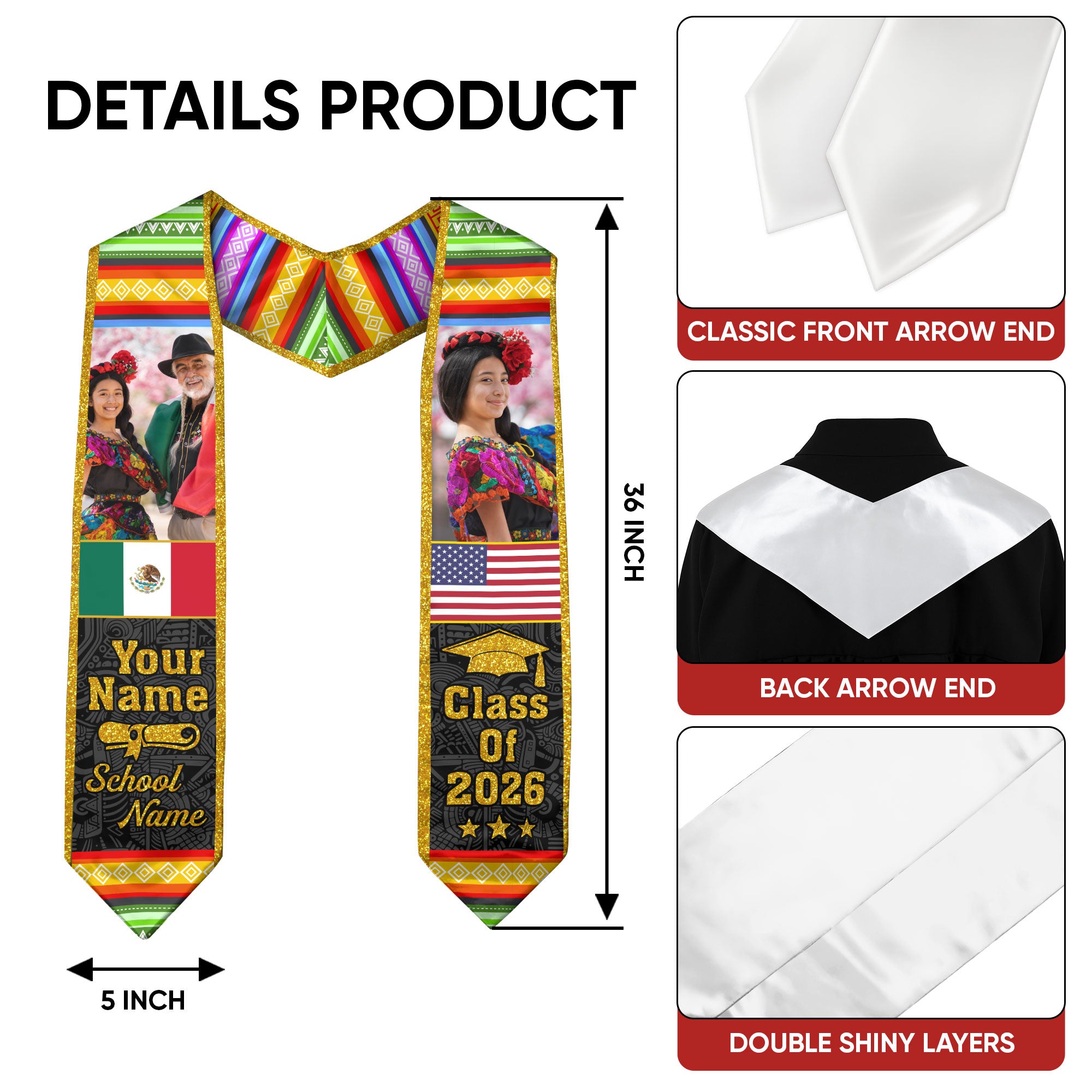 2026 Mexico Graduation Stole, Mexico Flag Sash, Personal Name Detail Option for Grads