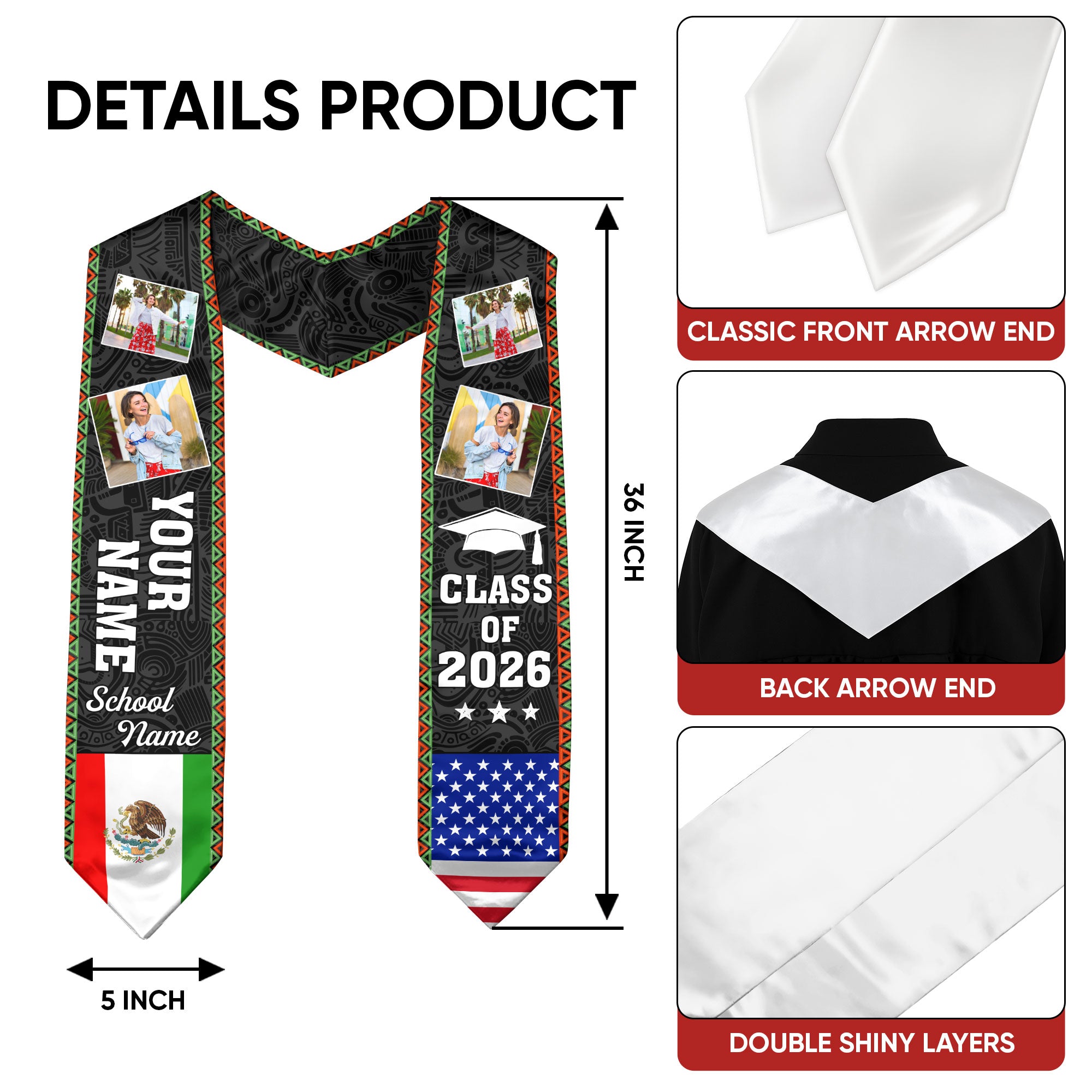 Mexican Flag Graduation Stole 2026, Mexico Sash for Graduation, Name & Year Option